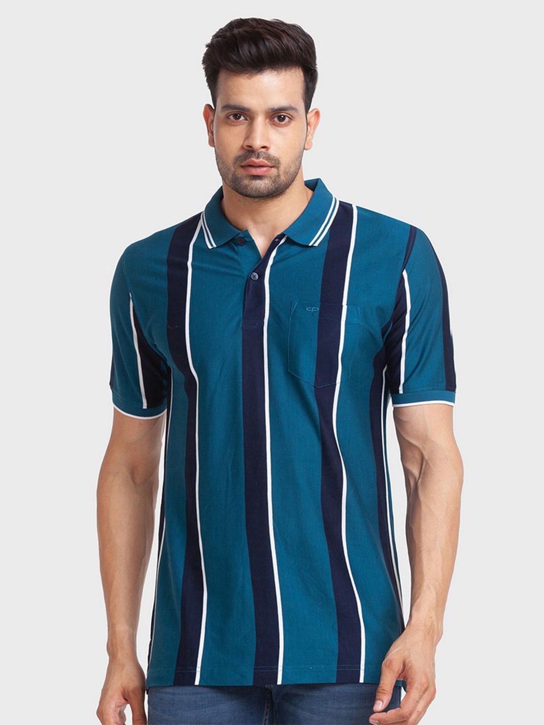 

ColorPlus Men Blue Striped Polo Collar Organic Cotton Slim Fit T-shirt
