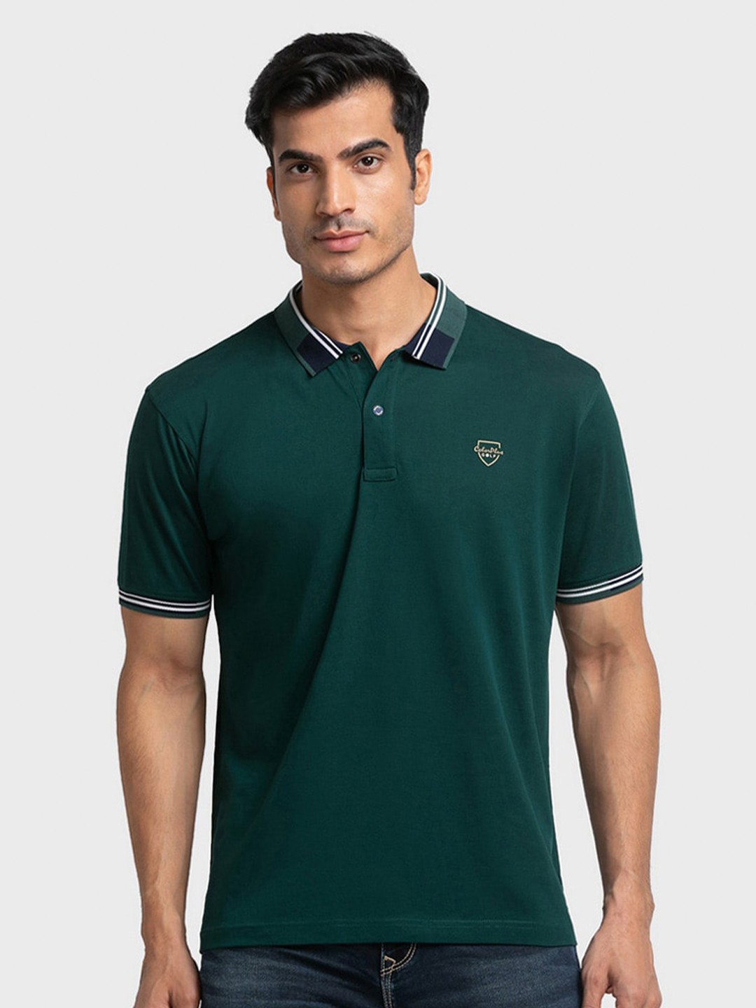 

ColorPlus Men Green Polo Collar Organic Cotton Applique Slim Fit T-shirt