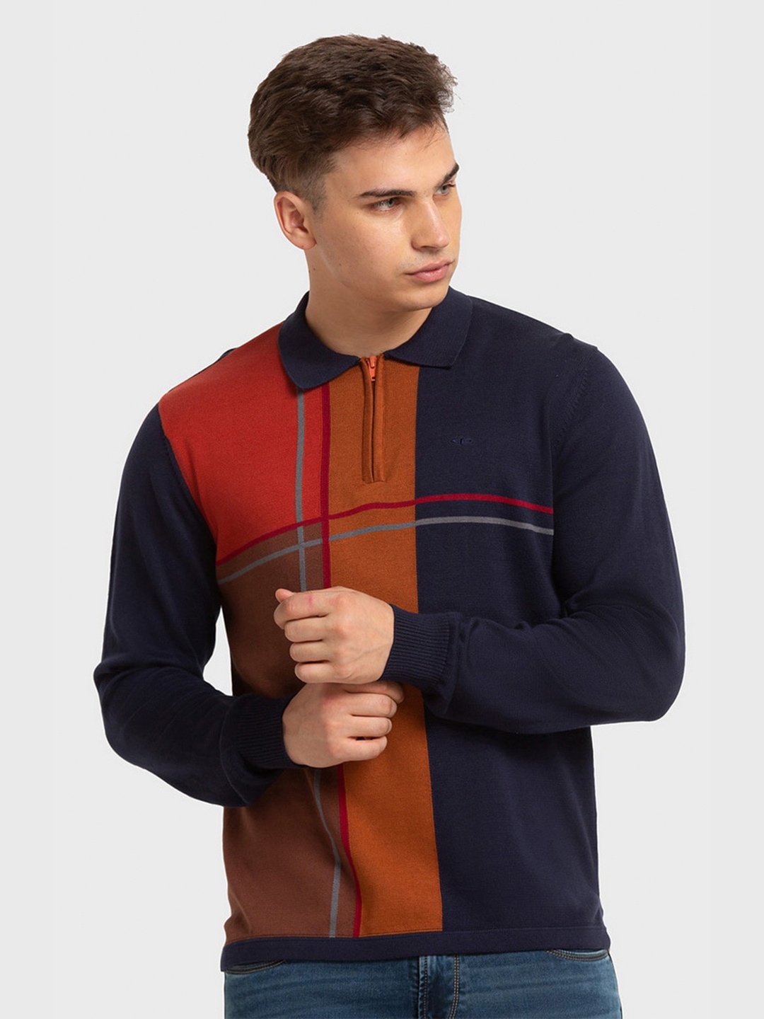 

ColorPlus Men Blue Colourblocked Polo Collar Organic Cotton Slim Fit T-shirt
