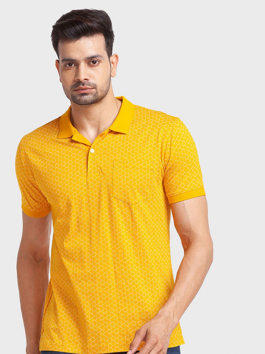 

ColorPlus Men Yellow Printed Polo Collar Organic Cotton Slim Fit T-shirt
