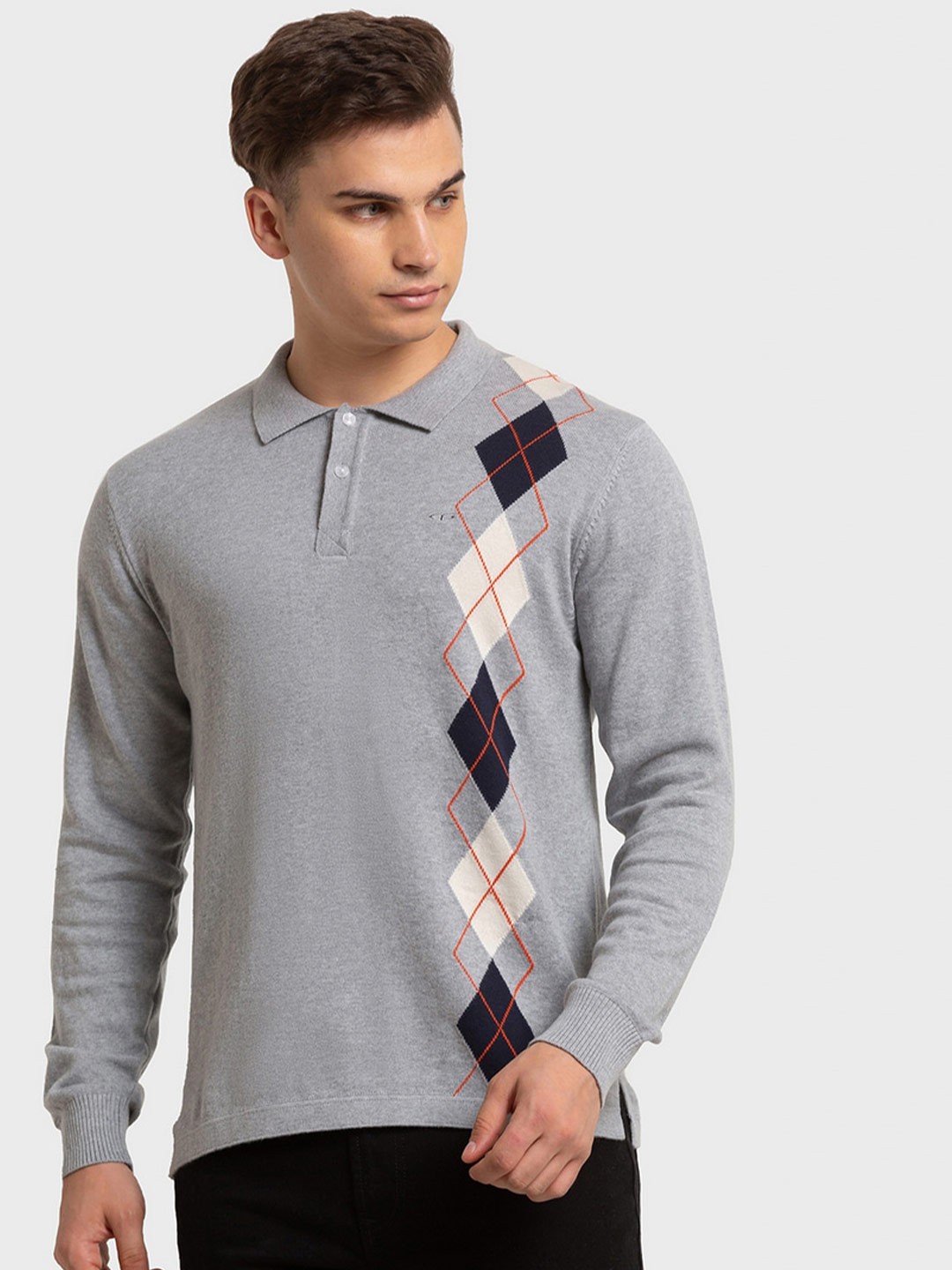 

ColorPlus Men Grey & White Printed Polo Collar Organic Cotton Slim Fit T-shirt