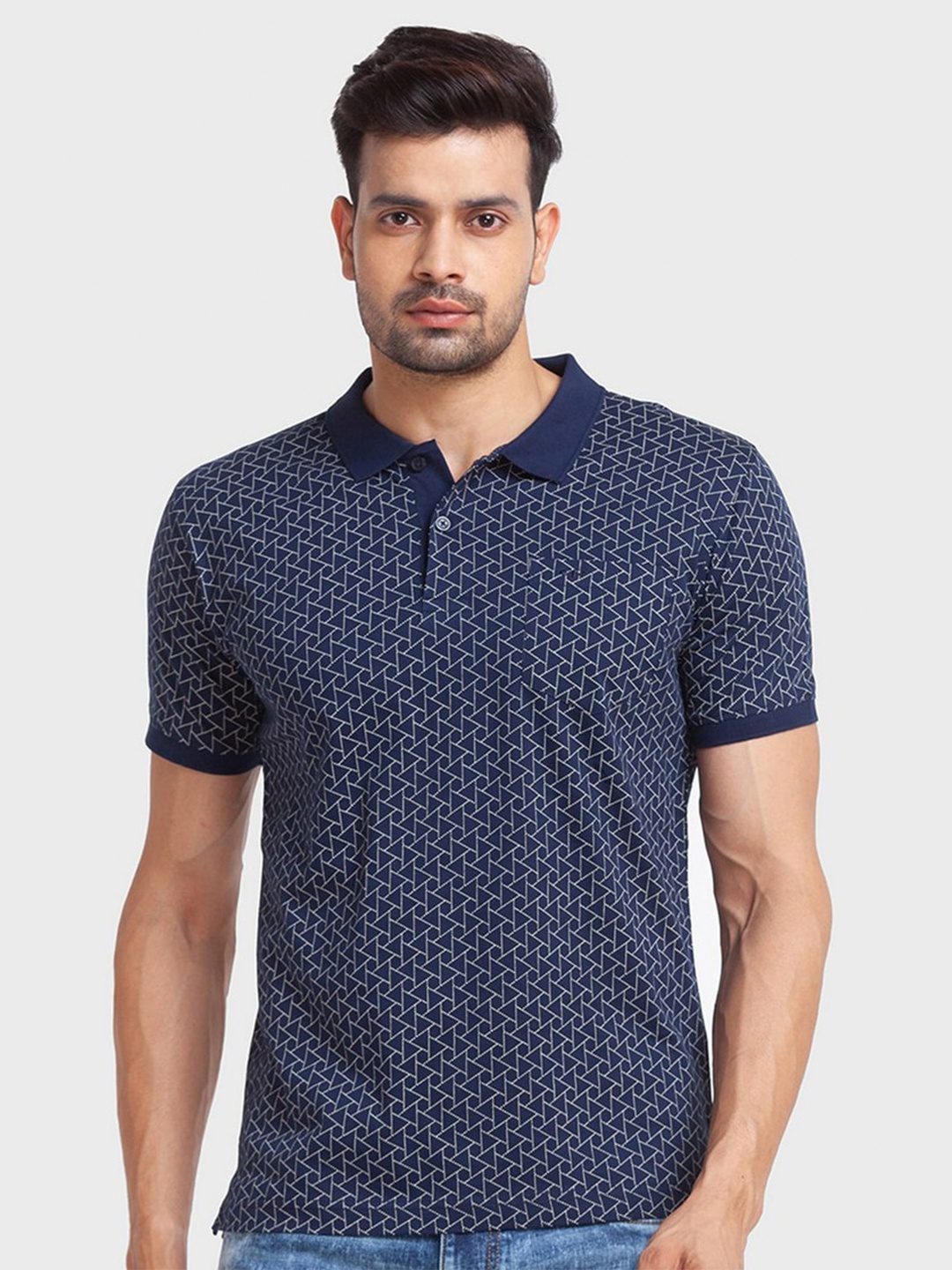 

ColorPlus Men Blue Printed Polo Collar Organic Cotton Slim Fit T-shirt