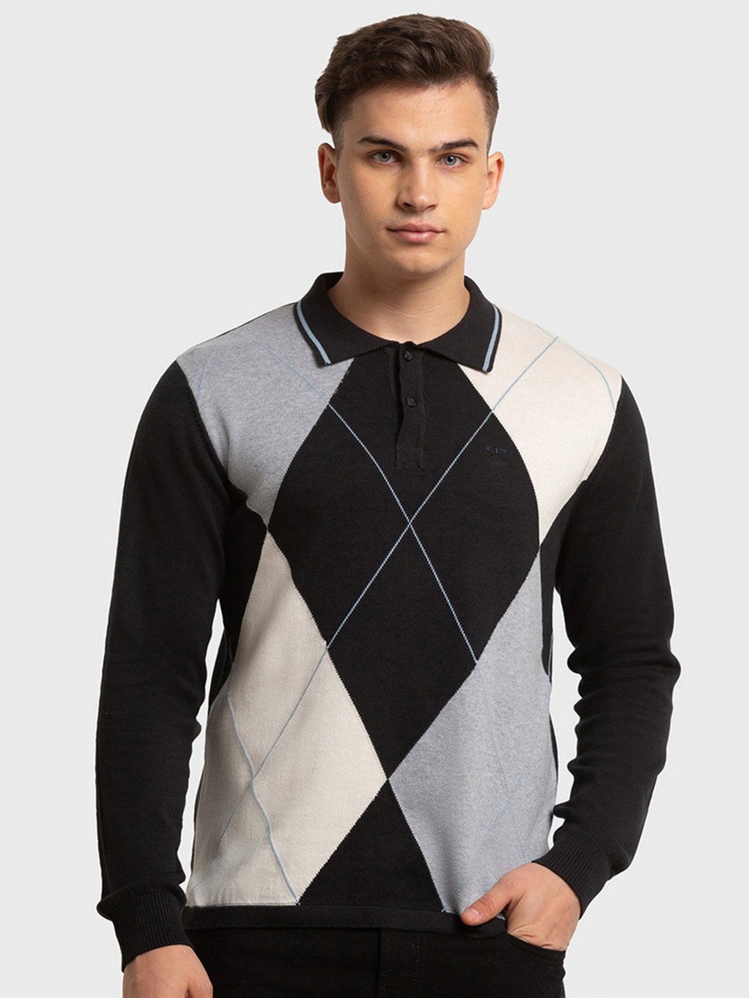 

ColorPlus Men Black & Grey Striped Polo Collar Organic Cotton Slim Fit T-shirt