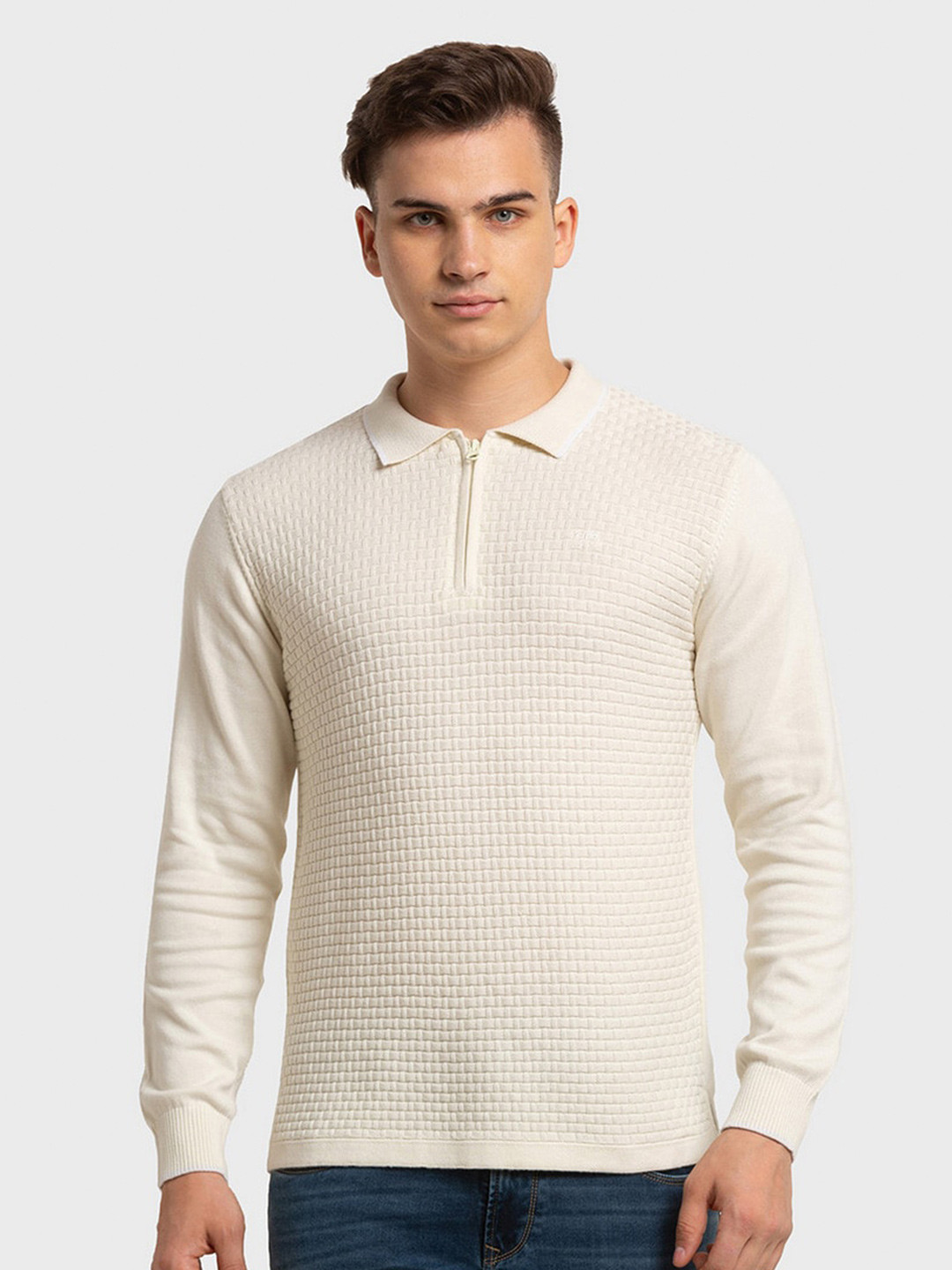 

ColorPlus Men Beige Striped Polo Collar Organic Cotton Slim Fit T-shirt