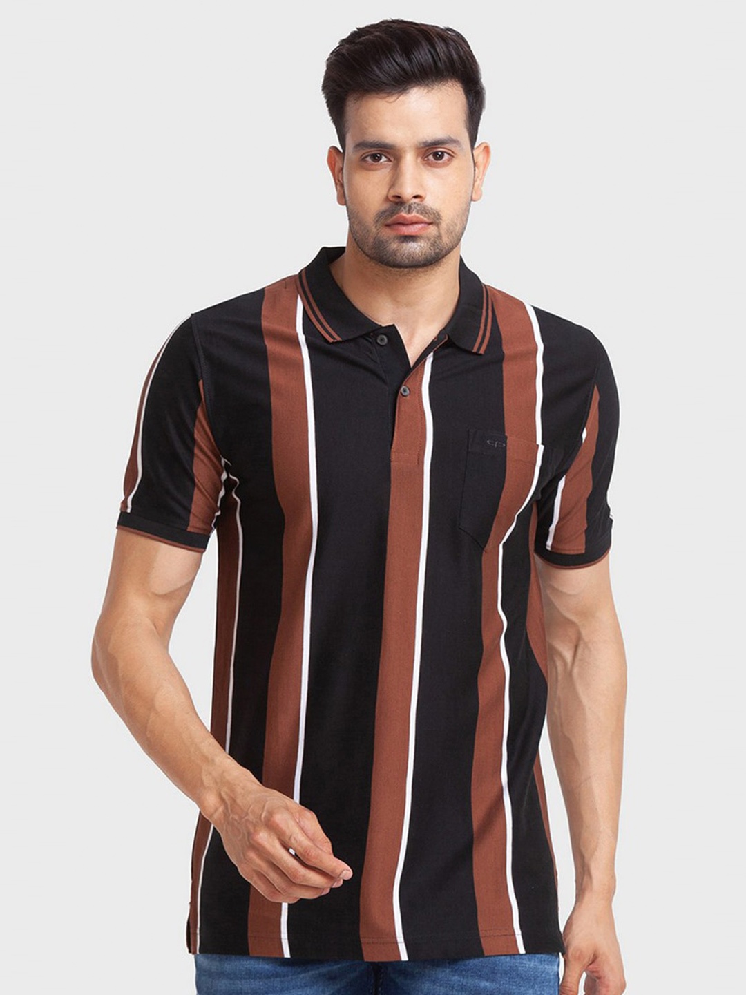 

ColorPlus Men Black & Brown Striped Polo Collar Organic Cotton Slim Fit T-shirt