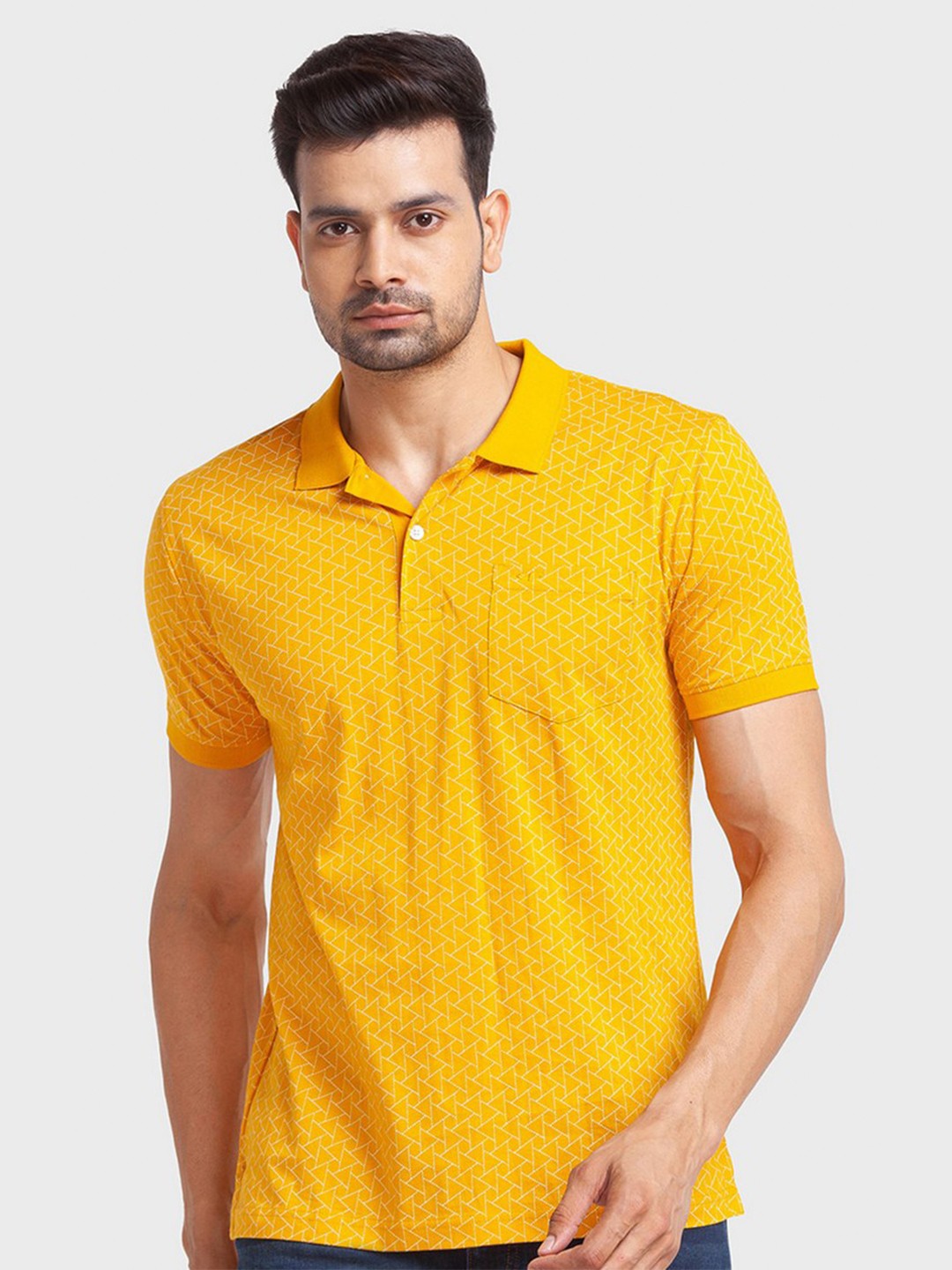 

ColorPlus Men Yellow Printed Polo Collar Organic Cotton Slim Fit T-shirt