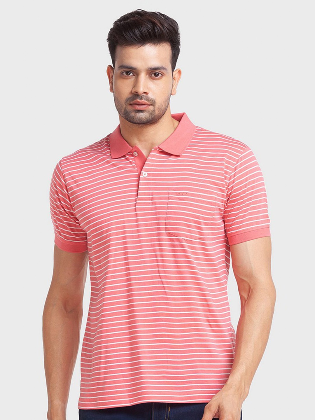

ColorPlus Men Coral Red Striped Polo Collar Organic Cotton T-shirt