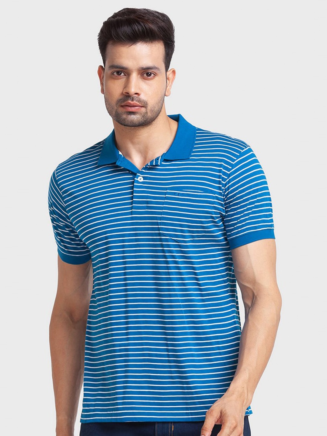 

ColorPlus Men Blue Striped Polo Collar Organic Cotton T-shirt