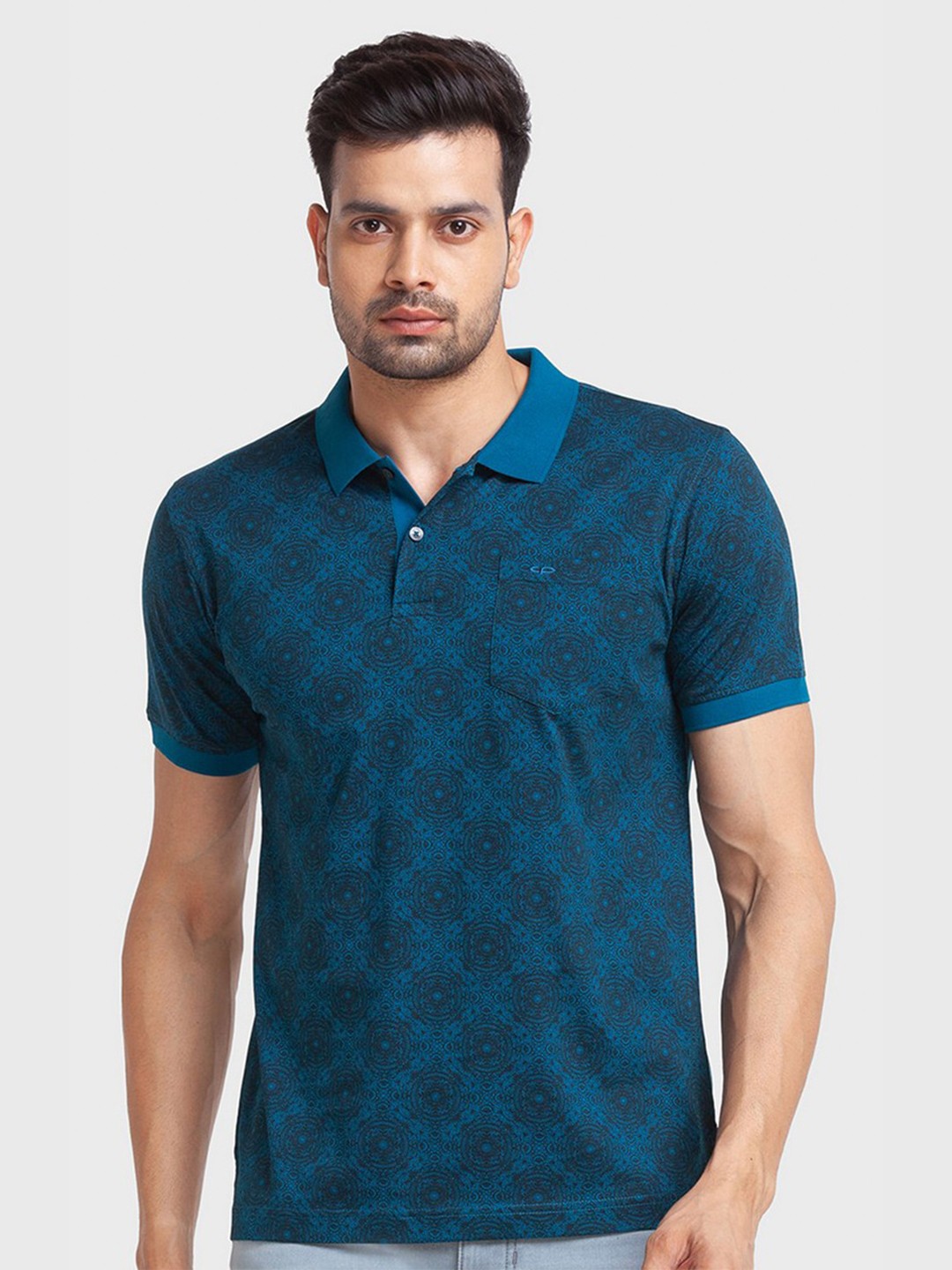 

ColorPlus Men Blue Printed Polo Collar Organic Cotton Slim Fit T-shirt
