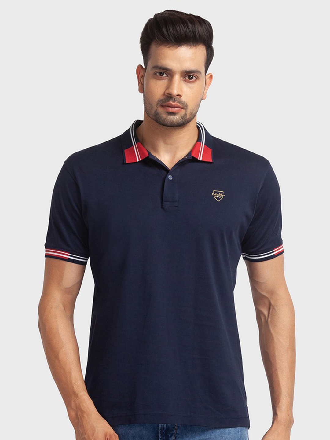 

ColorPlus Men Blue Polo Collar Organic Cotton Applique Slim Fit T-shirt