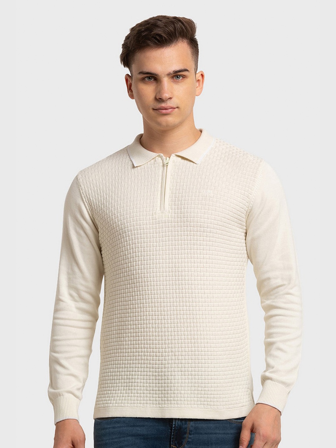 

ColorPlus Men Beige Striped Polo Collar Organic Cotton Slim Fit T-shirt