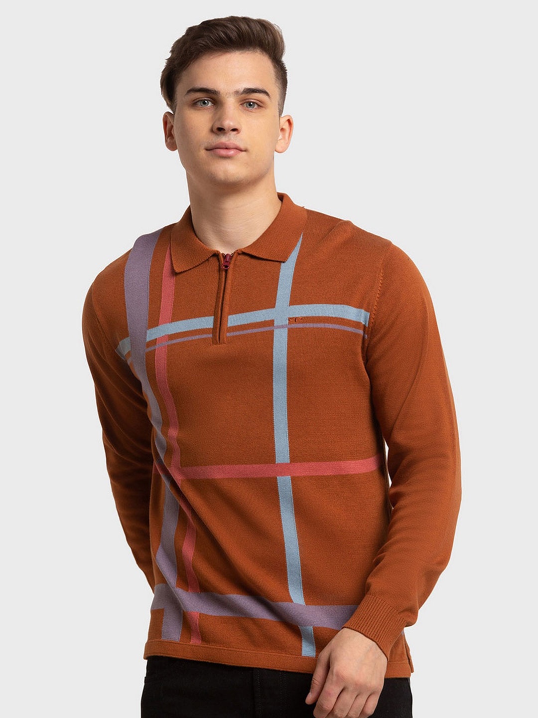 ColorPlus Men Brown Striped Polo Collar Organic Cotton Slim Fit T-shirt
