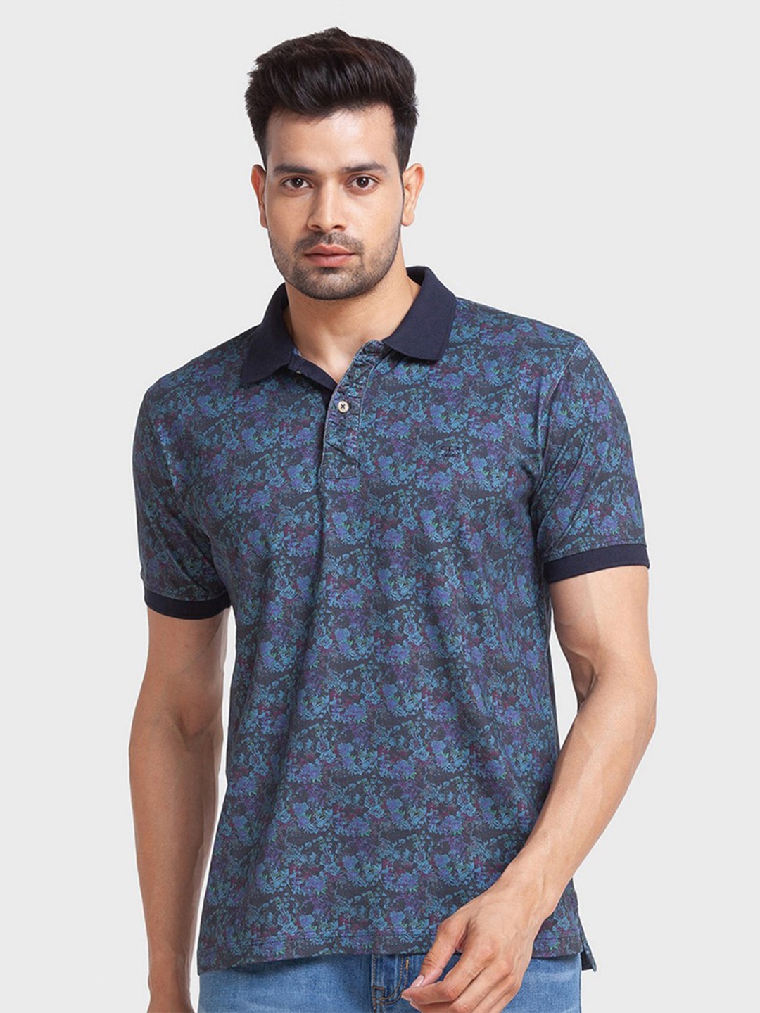 

ColorPlus Men Blue Printed Polo Collar Tropical Organic Cotton Slim Fit T-shirt
