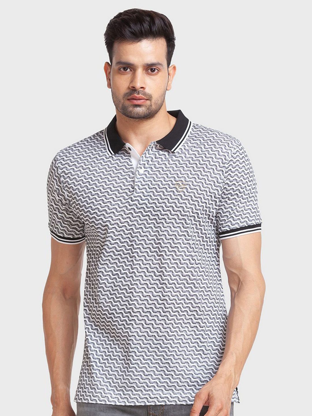 

ColorPlus Men White Printed Polo Collar Organic Cotton Slim Fit T-shirt