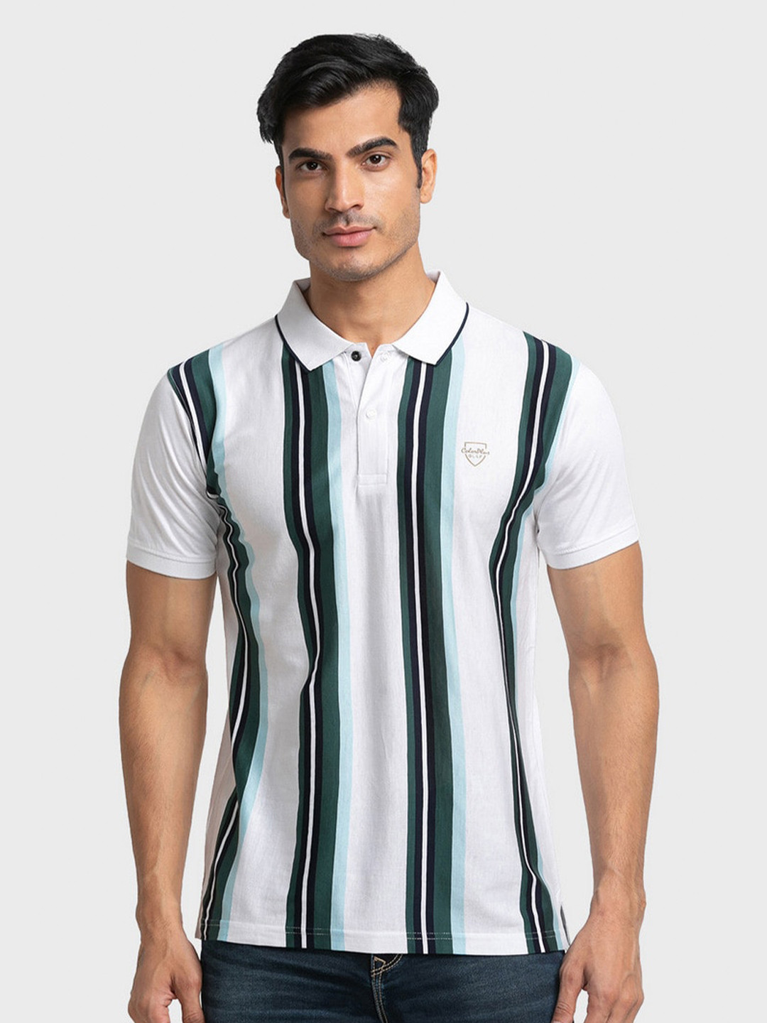 

ColorPlus Men White Striped Polo Collar Organic Cotton Slim Fit T-shirt