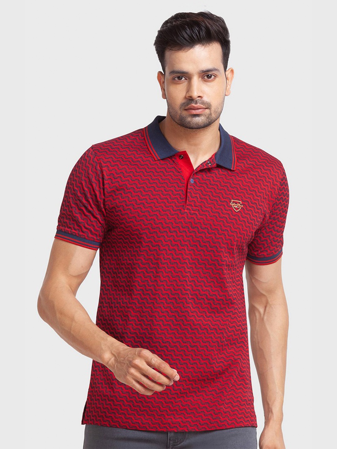 

ColorPlus Men Red & Blue Printed Polo Collar Organic Cotton Slim Fit T-shirt