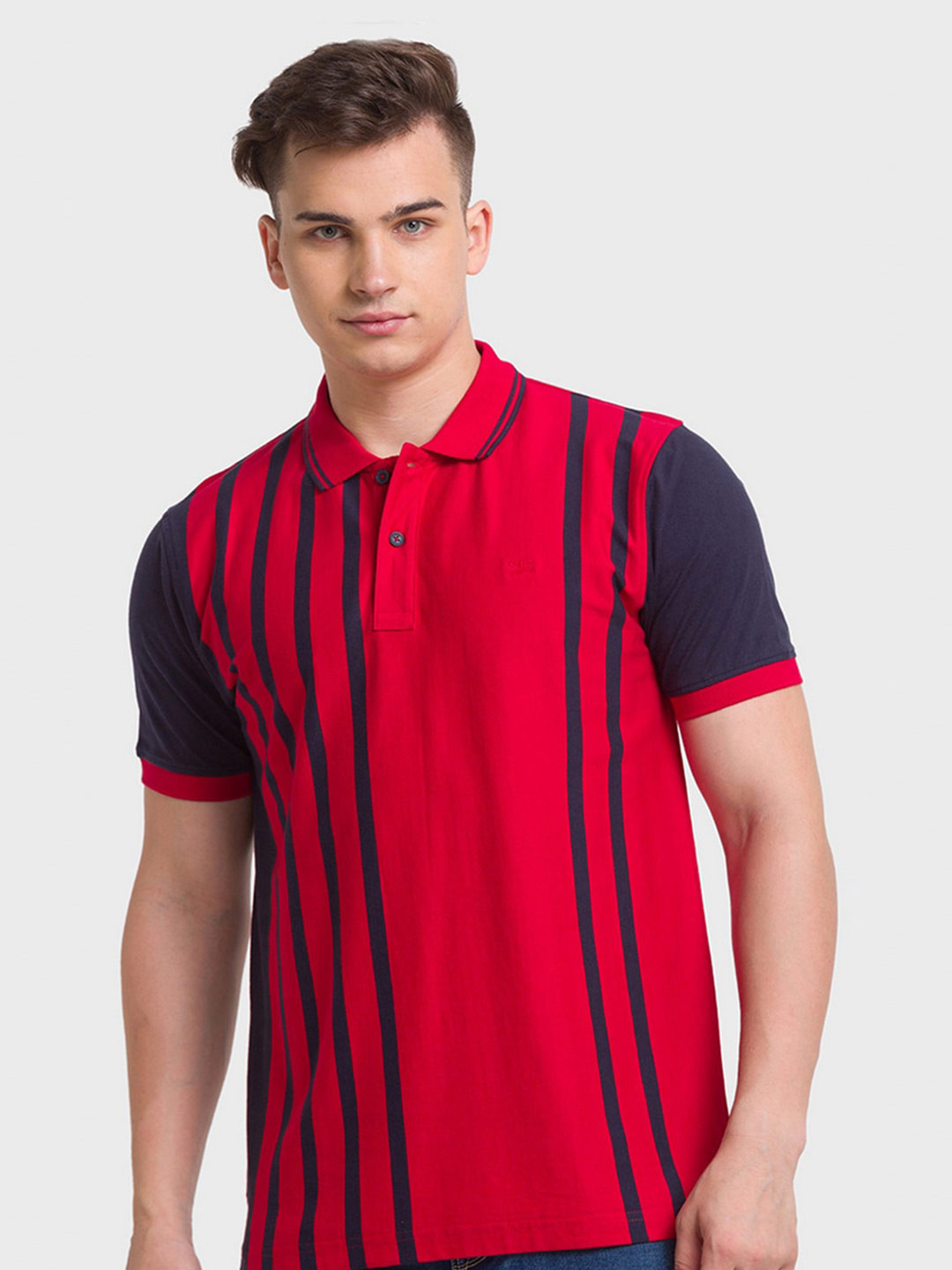 

ColorPlus Men Red & Navy Blue Striped Polo Collar Organic Cotton Slim Fit T-shirt