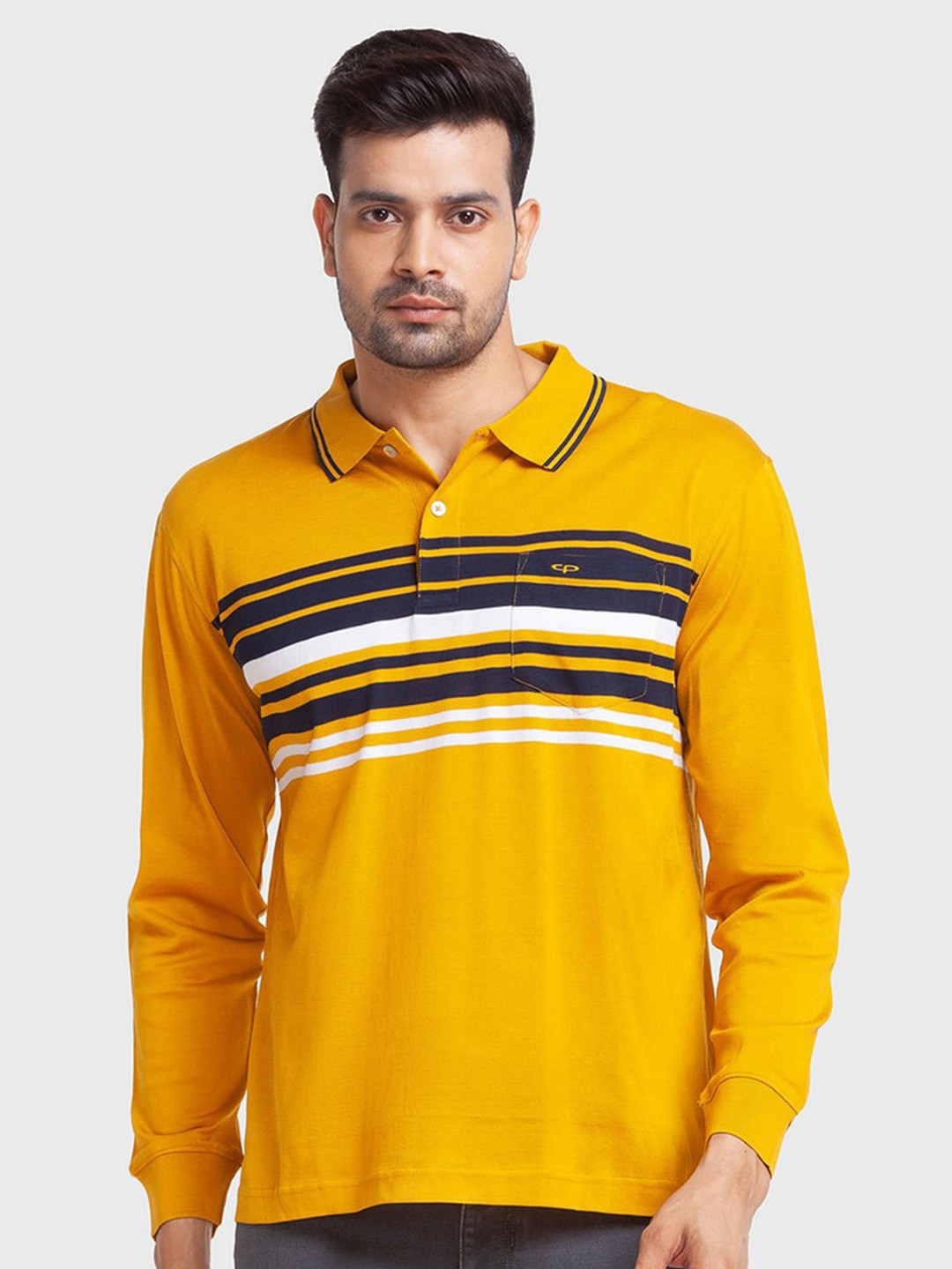 

ColorPlus Men Yellow Striped Polo Collar Organic Cotton Slim Fit T-shirt
