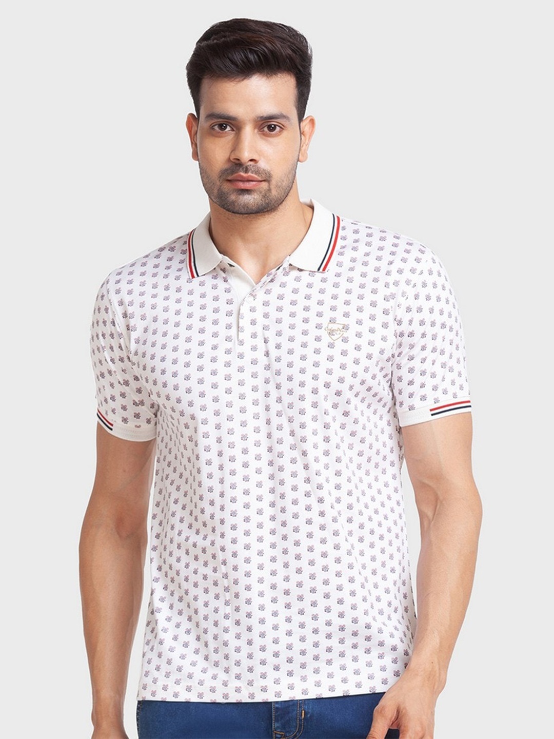 

ColorPlus Men White Printed Polo Collar Organic Cotton Slim Fit T-shirt