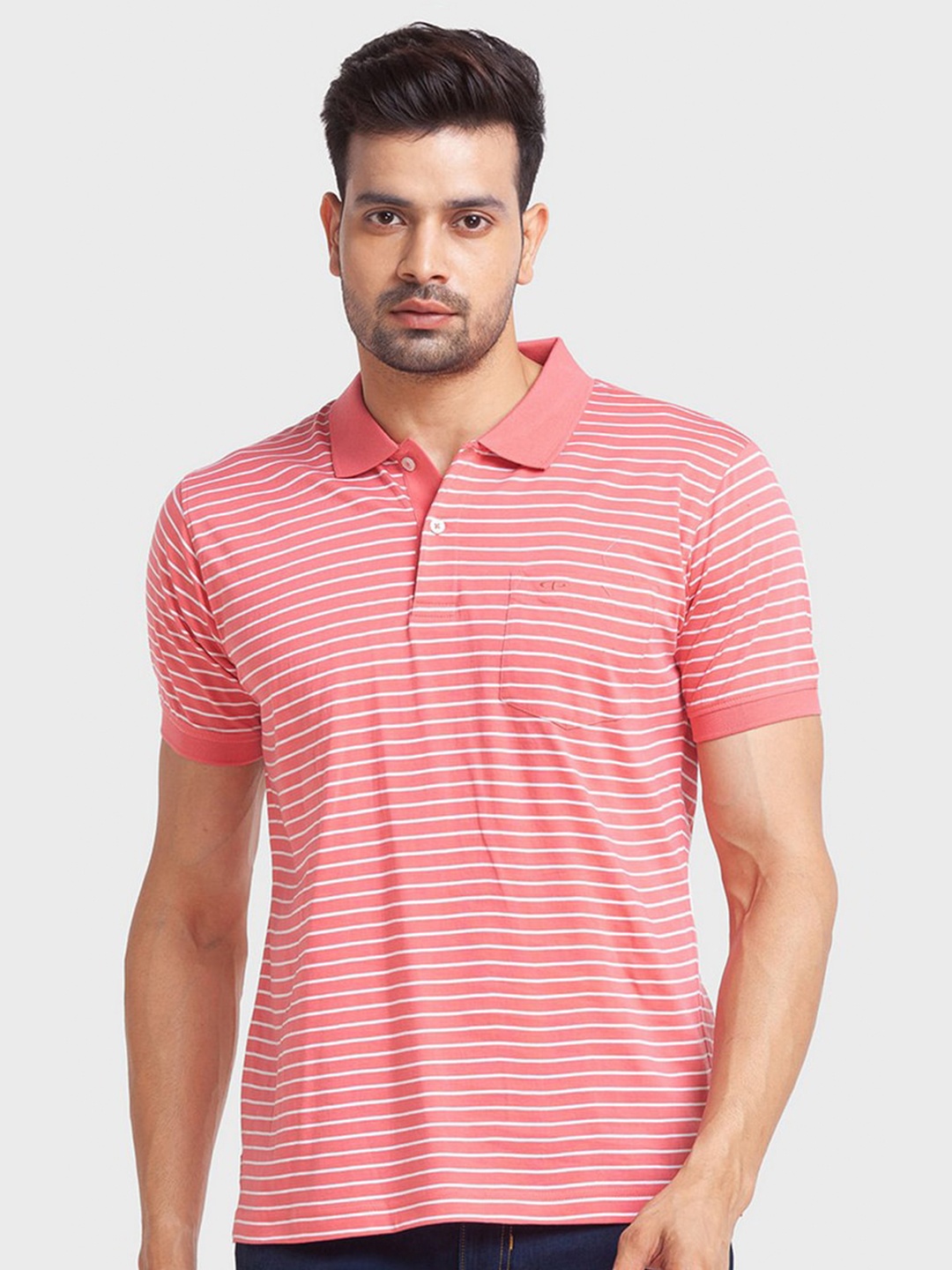 

ColorPlus Men Red & White Striped Polo Collar Organic Cotton T-shirt