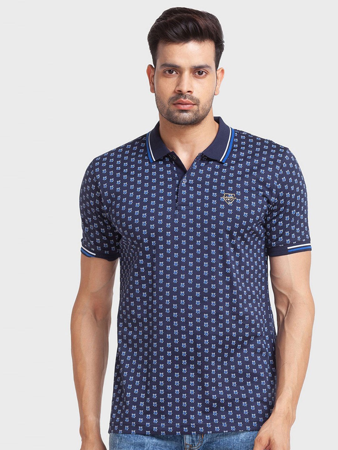 

ColorPlus Men Blue Printed Polo Collar Organic Cotton Slim Fit T-shirt