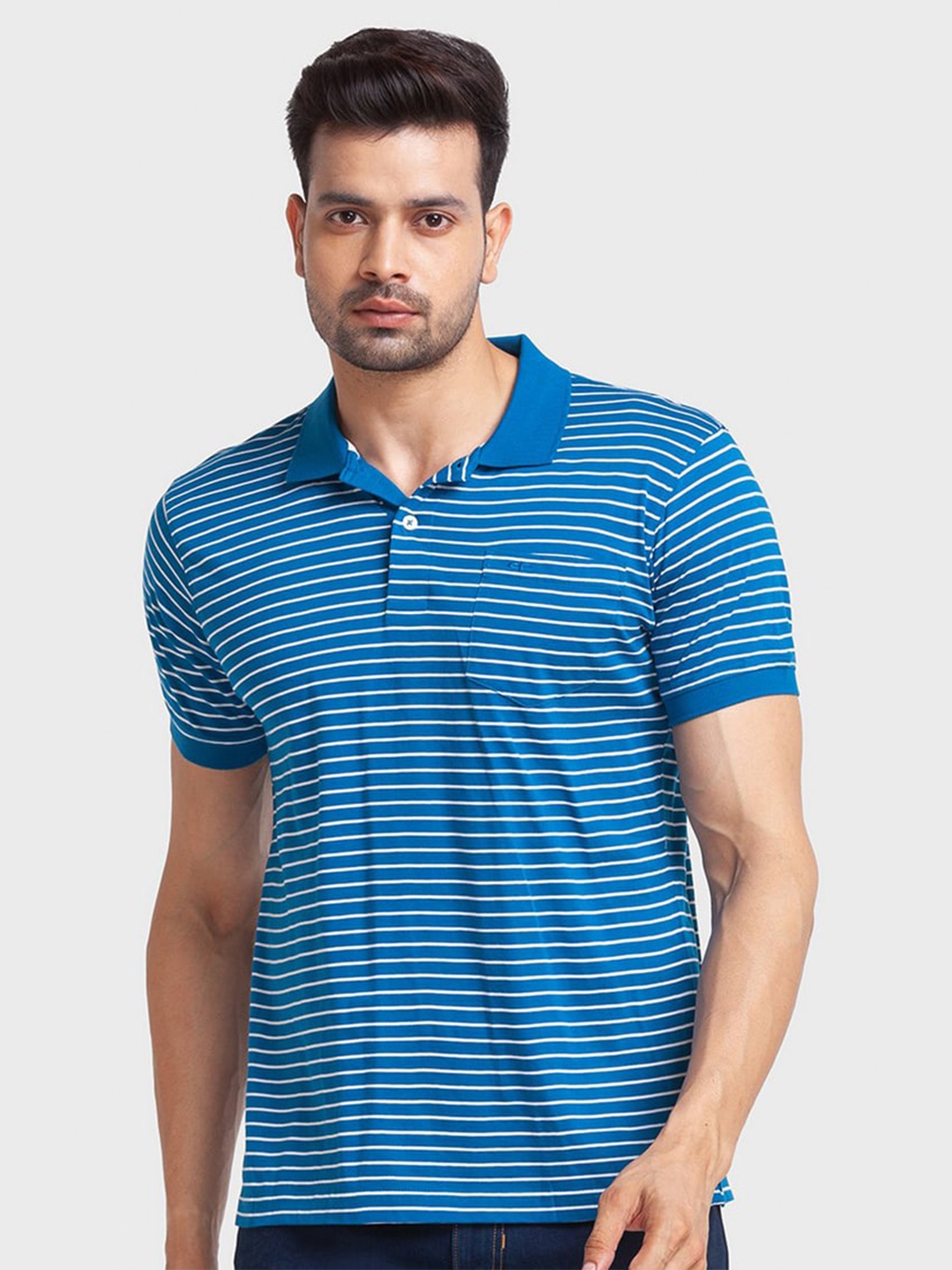 

ColorPlus Men Blue Striped Polo Collar Organic Cotton T-shirt