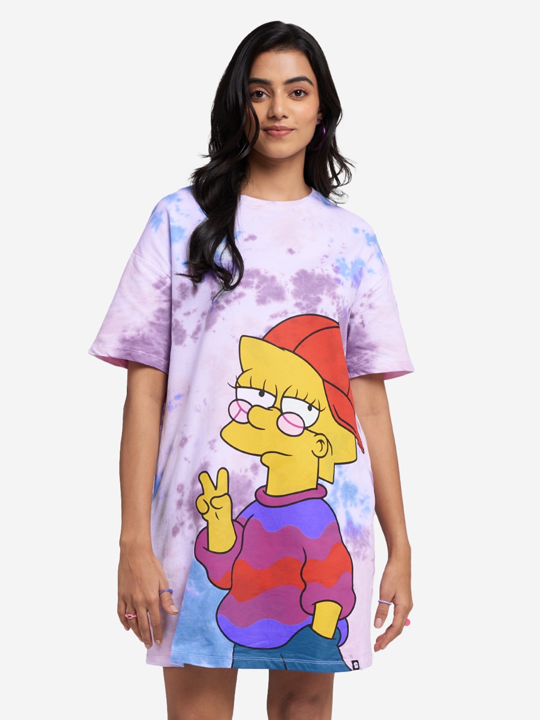 

The Souled Store White & Blue Dyed The Simpsons Printed Cotton Oversized T-shirt Dress