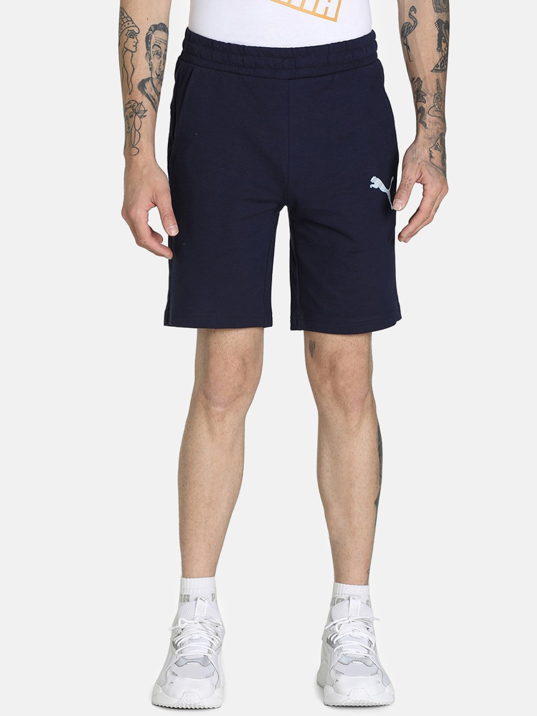 

Puma Men Blue Solid Cotton Slim Fit Cat Graphic Outdoor Sports Shorts