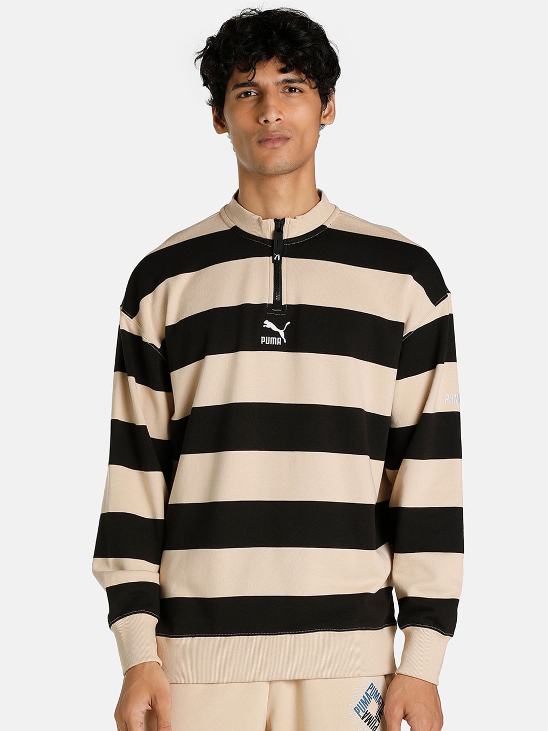 

Puma Men Beige & Black Striped Cotton Relaxed Fit Sweatshirt