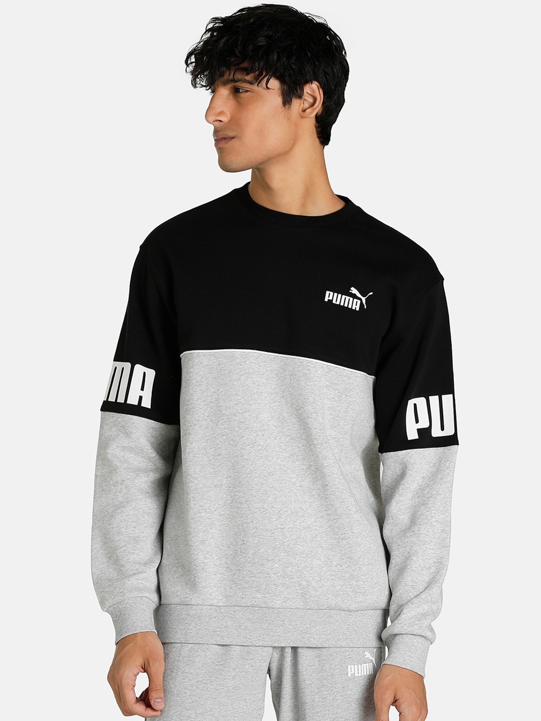

Puma Men Grey & Black Colourblocked Cotton Power Crew Neck Sweatshirts
