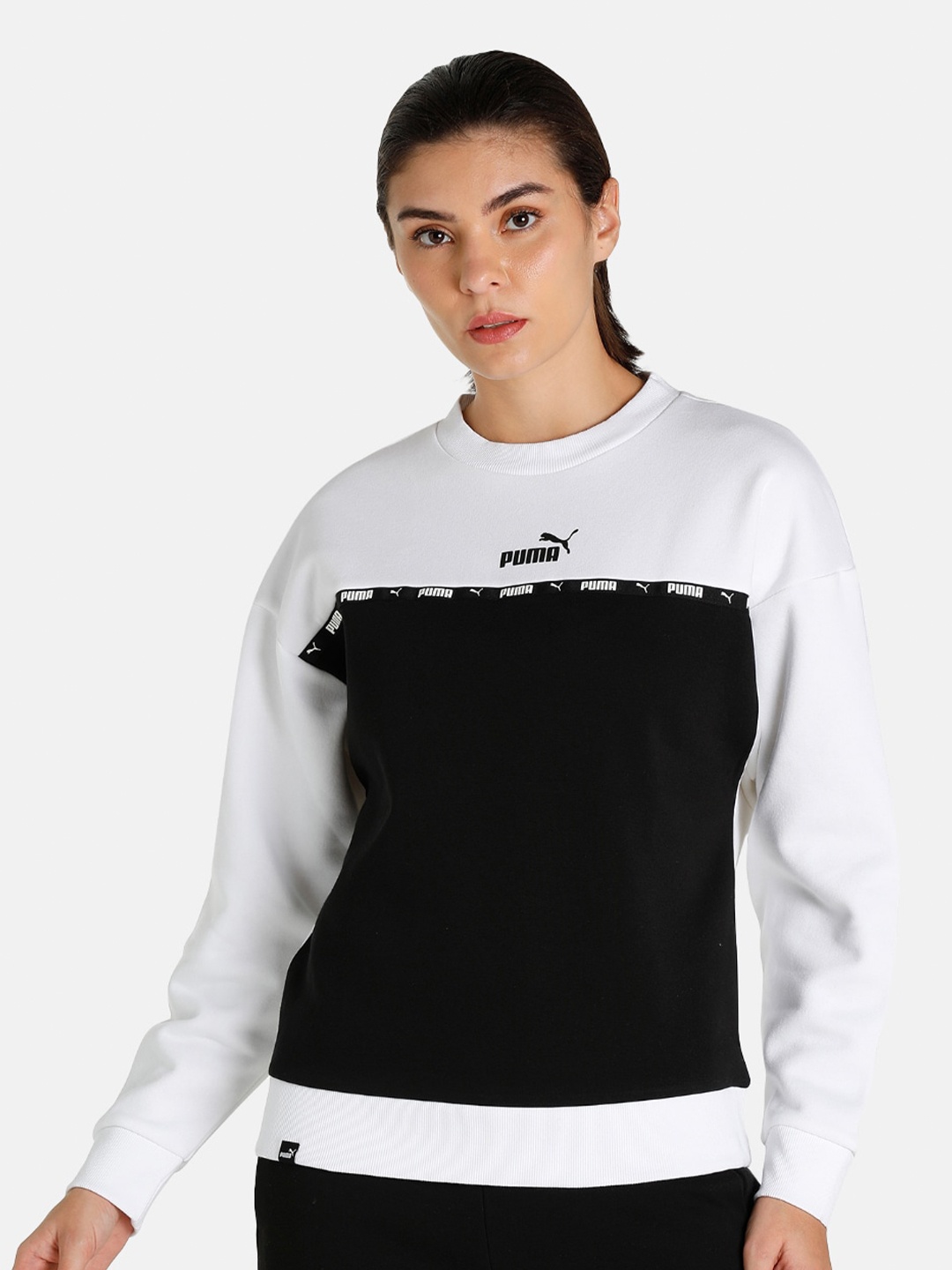 

Puma Women White & Black Colourblocked Power Tape Crewneck Sweatshirt