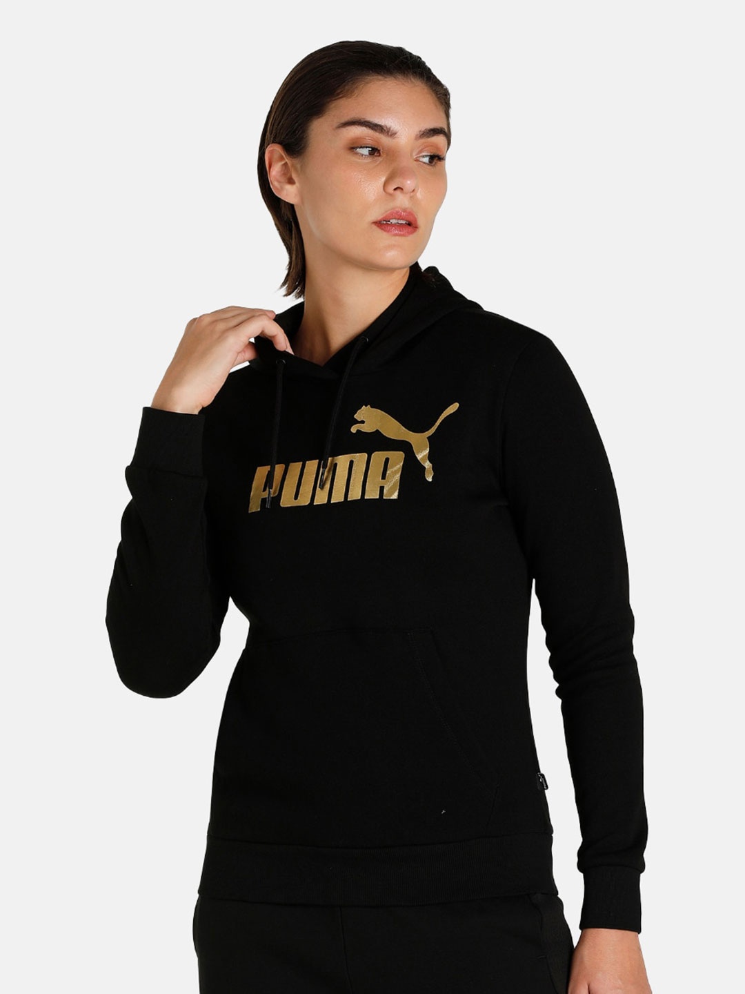 

Puma Women Black Essentials+ Metallic Logo Printed Hooded Regular Fit Sweatshirt