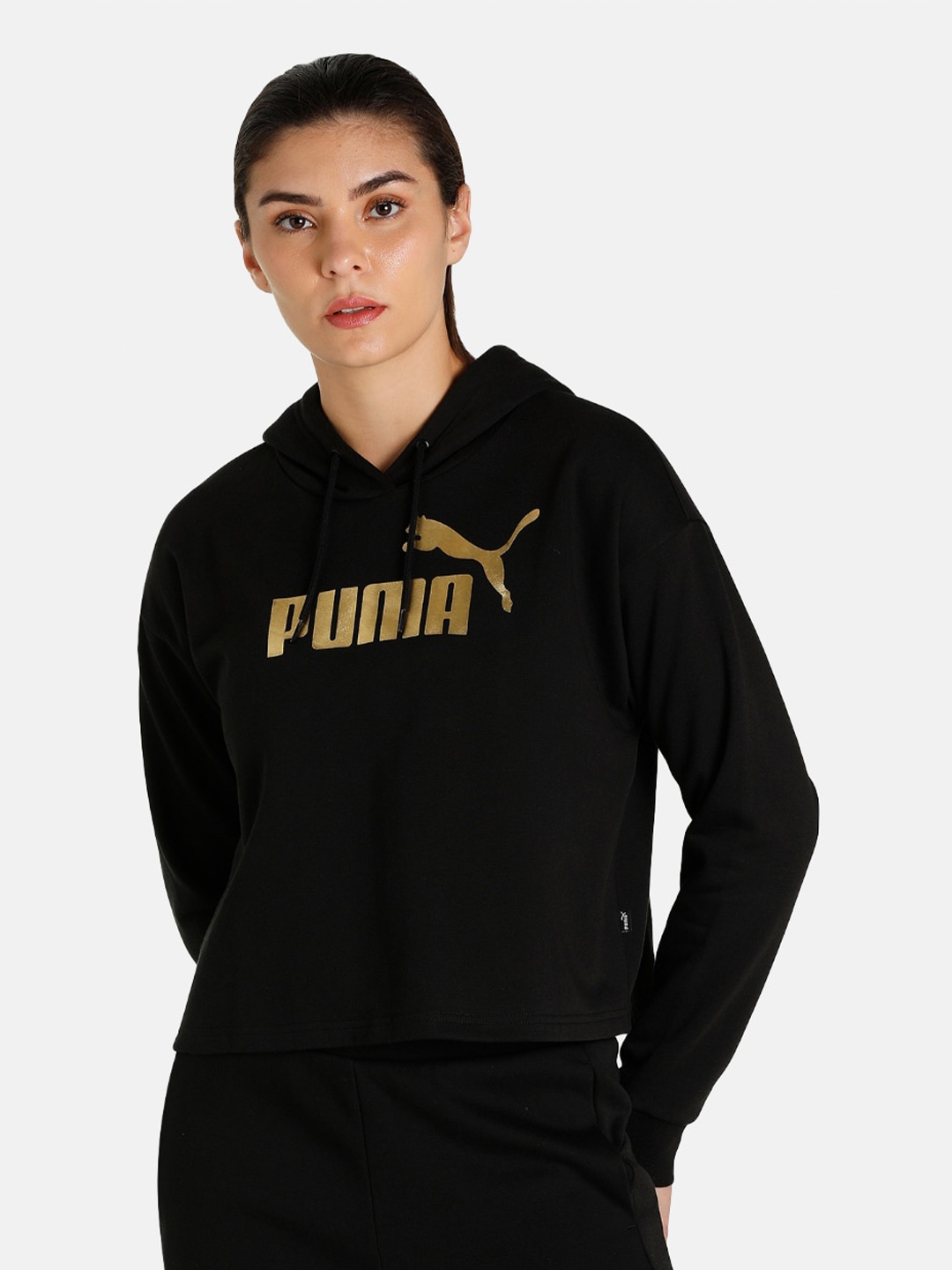 

Puma Women Black Printed Essentials + Metallic Logo Relaxed Fit Hoodie Sweatshirt