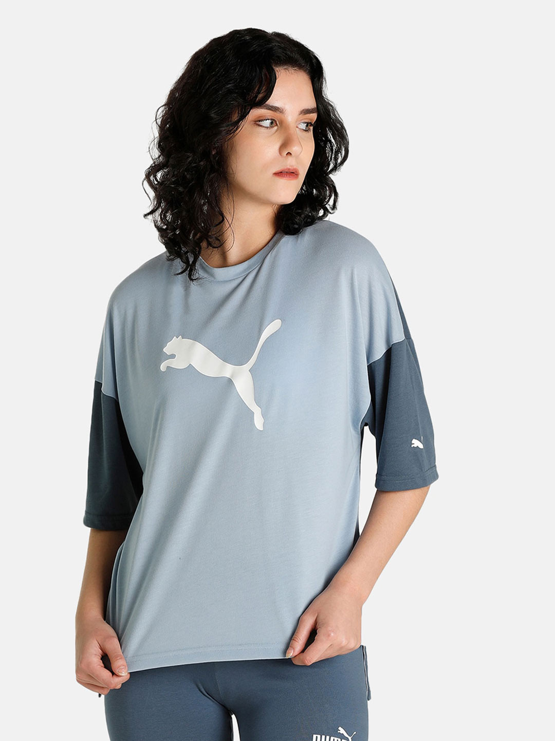 

Puma Women Blue Drop-Shoulder Sleeves Loose Modern Sports Fashion T-shirt