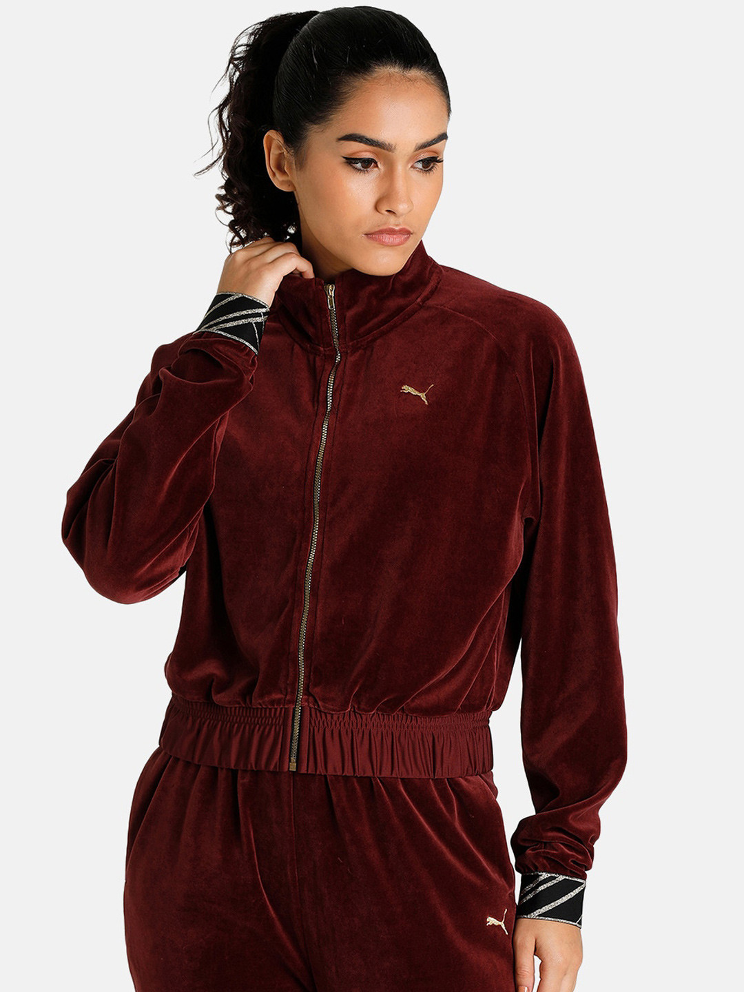 

Puma Women Maroon Crop Training or Gym Deco Glam Velour Full-Zip Training Jacket