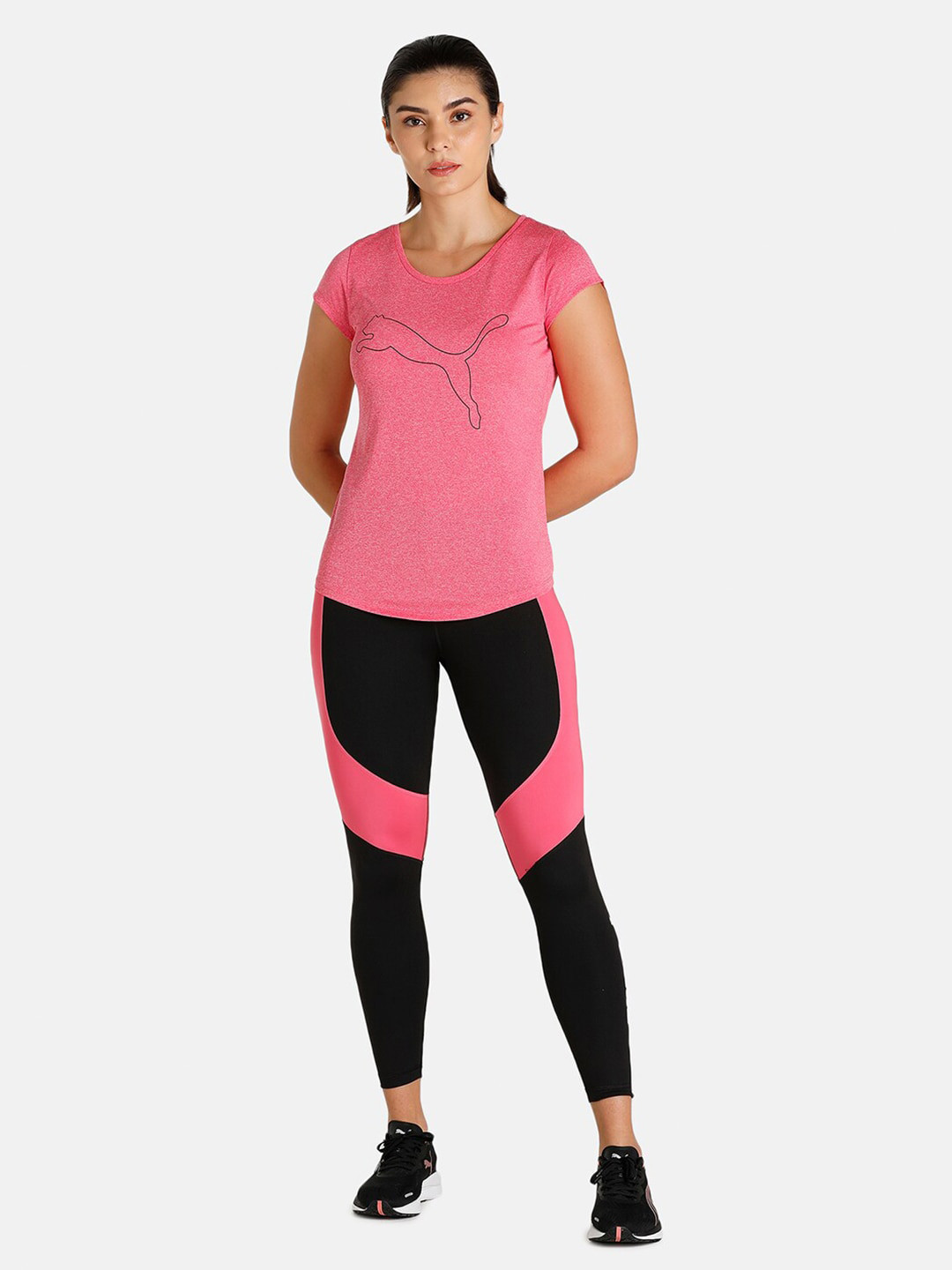 

Puma Women Pink Brand Logo Printed Performance Heather Cat T-shirt