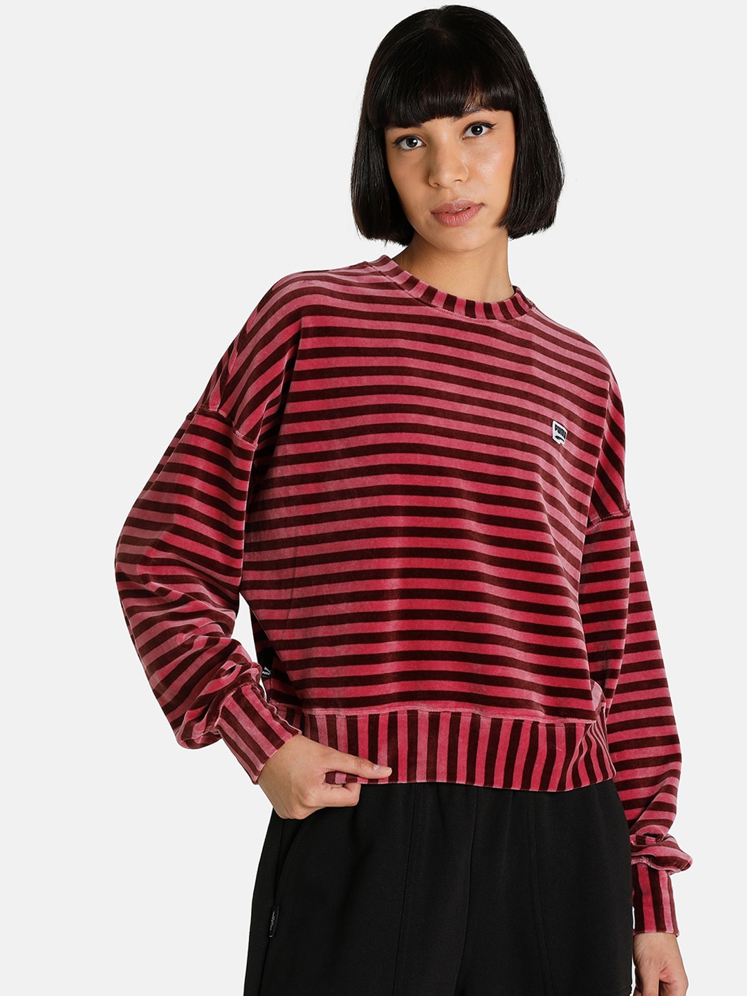 

Puma Women Pink Striped Downtown Velour Crew Neck Sweatshirt