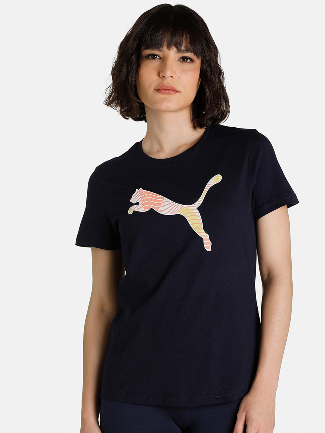 

Puma Women Navy Blue Patterned Graphic Logo Printed Regular Fit T-shirt