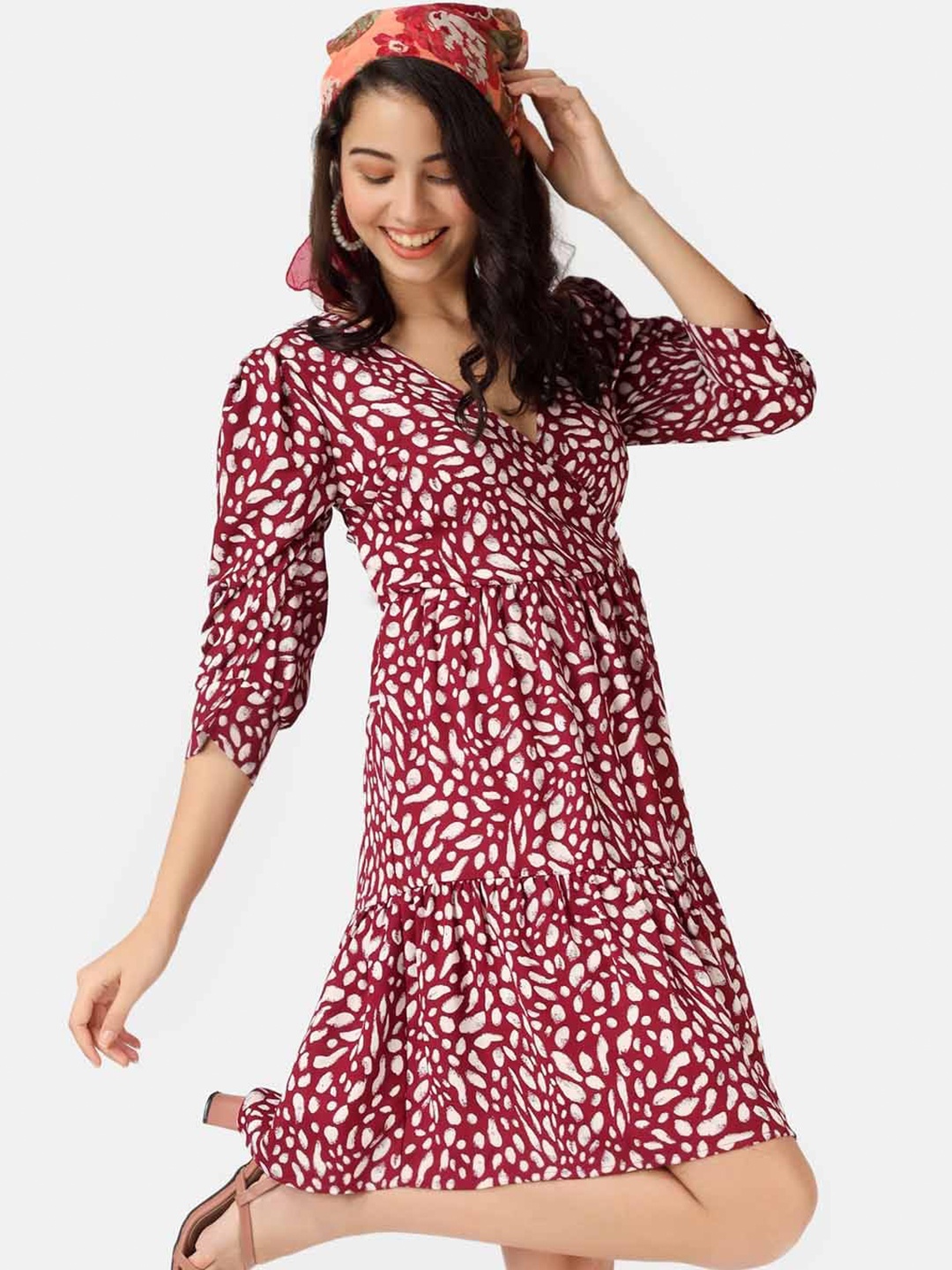 

angloindu Red Floral Crepe A-Line Dress