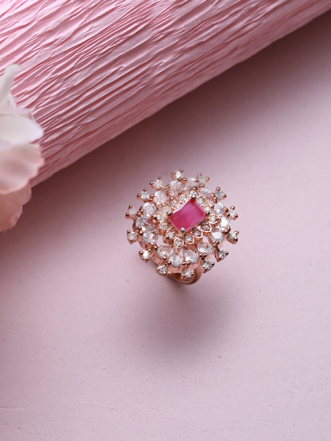 

Jazz and Sizzle Rose Gold-Plated Pink & White AD Studded Ring