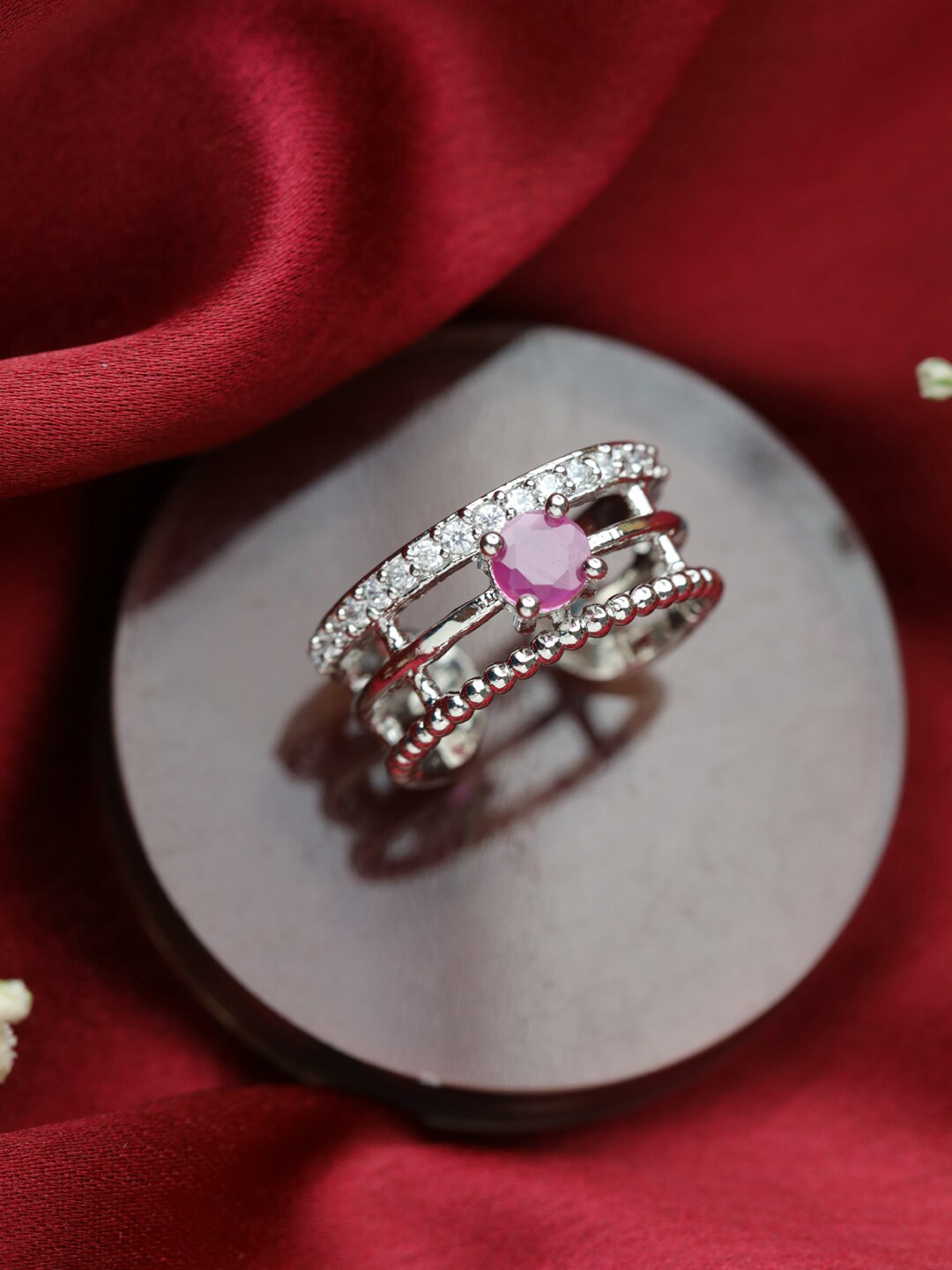 

Jazz and Sizzle Silver-Plated Pink & White AD Studded Ring