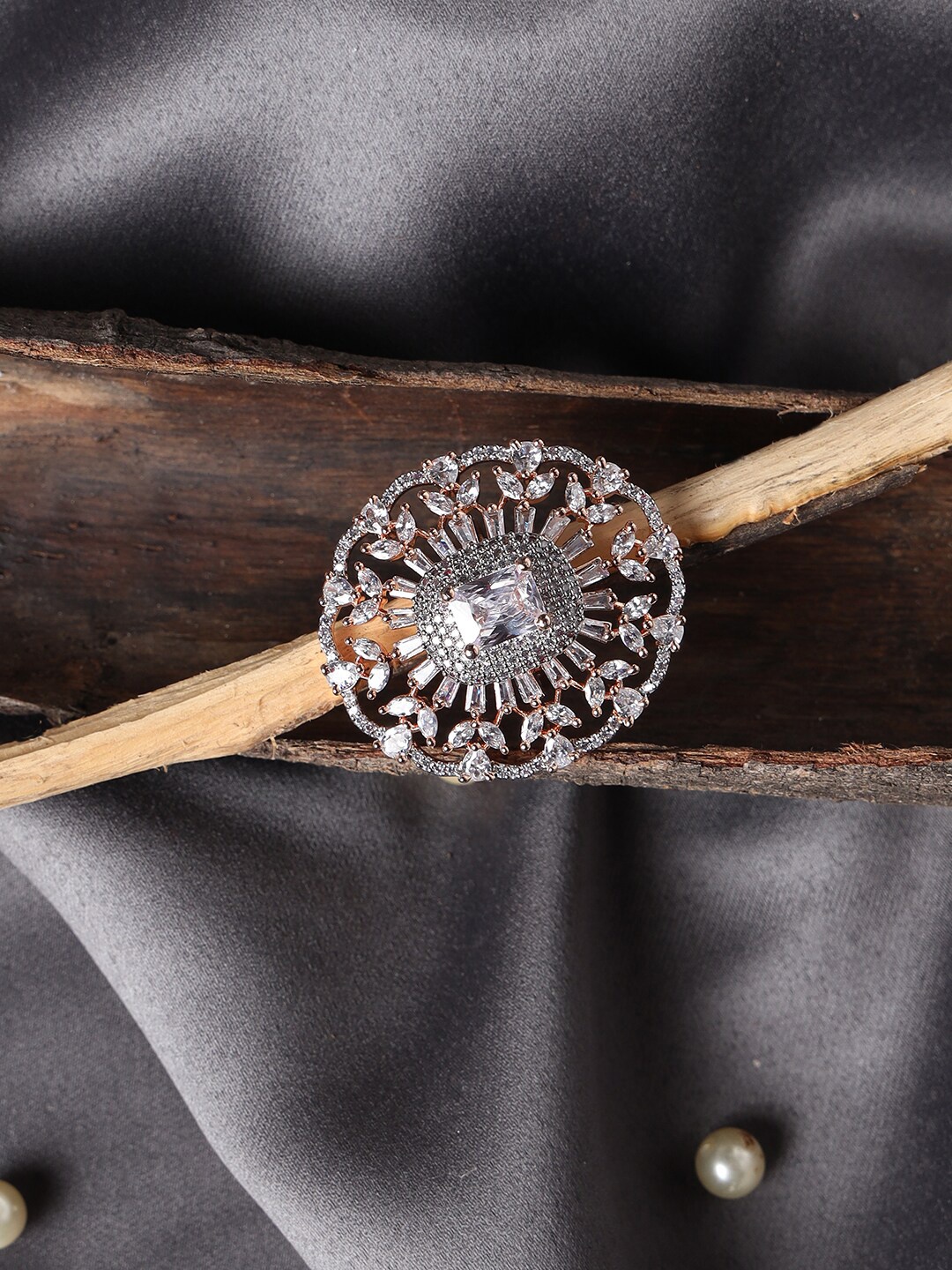

Jazz and Sizzle Rose Gold-Plated Silver-Toned AD Studded Adjustable Finger Ring