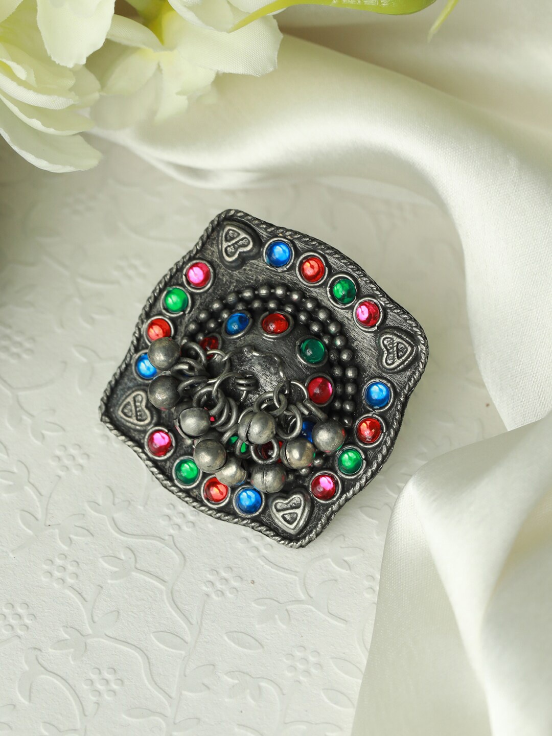 

Jazz and Sizzle Black Stone Studded Adjustable Finger Ring