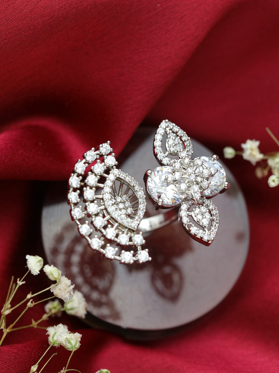 

Jazz and Sizzle Silver-Plated White CZ-Studded Floral Shaped Adjustable Finger Ring