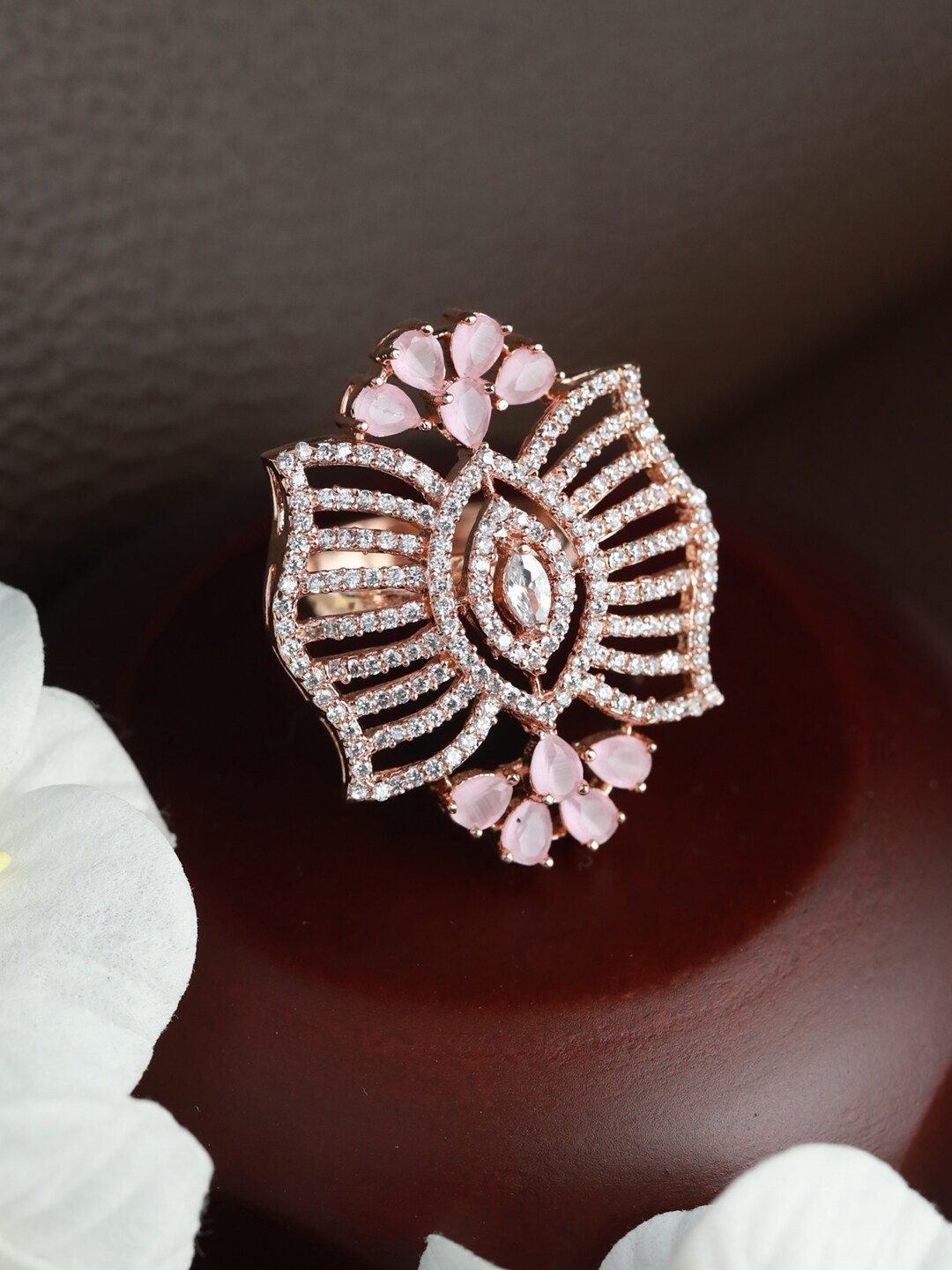 

Jazz and Sizzle Rose Gold-Plated Pink AD Studded Adjustable Finger Ring