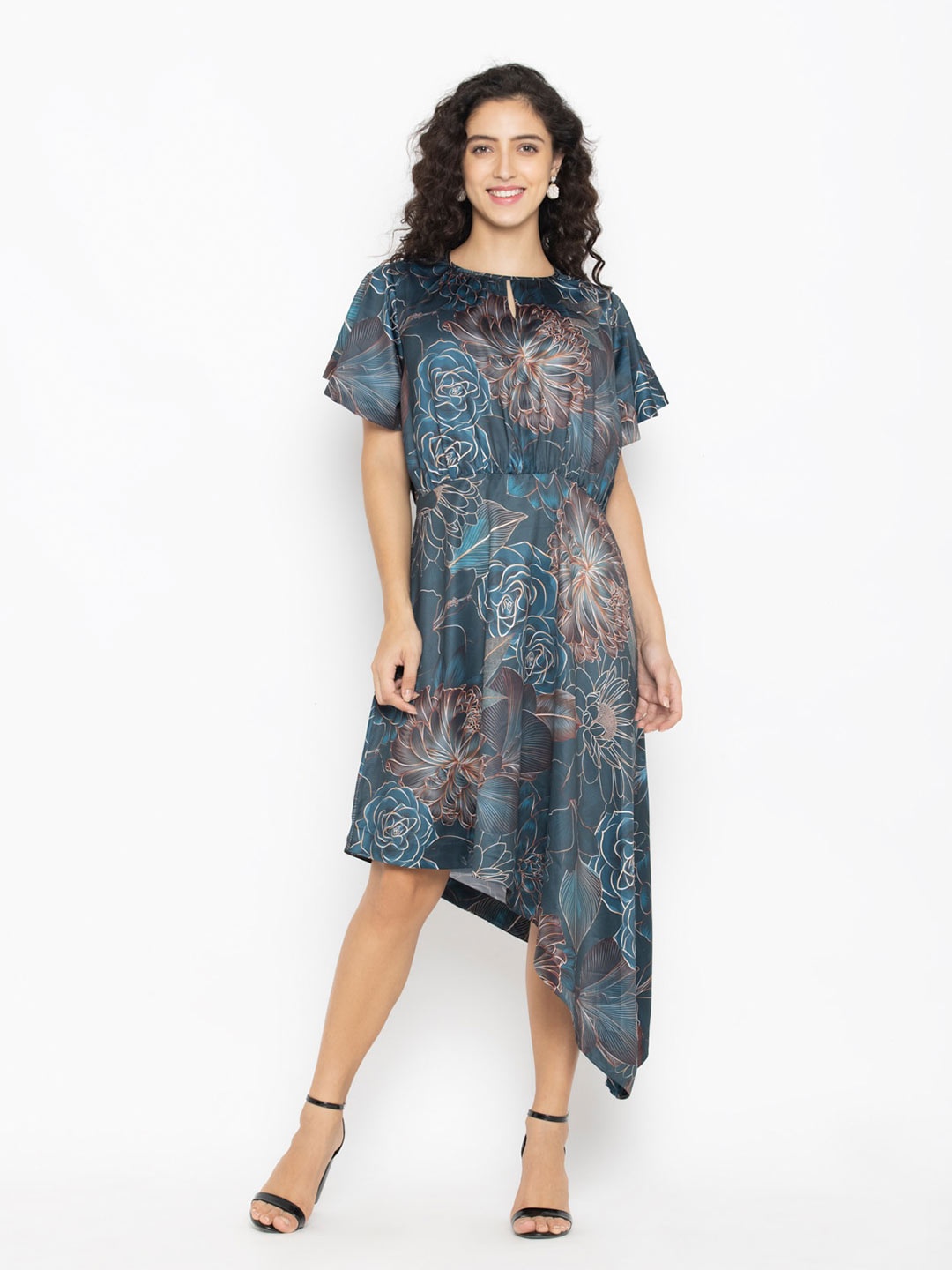 

OCTICS Blue Ethnic Motifs Satin A-Line Dress
