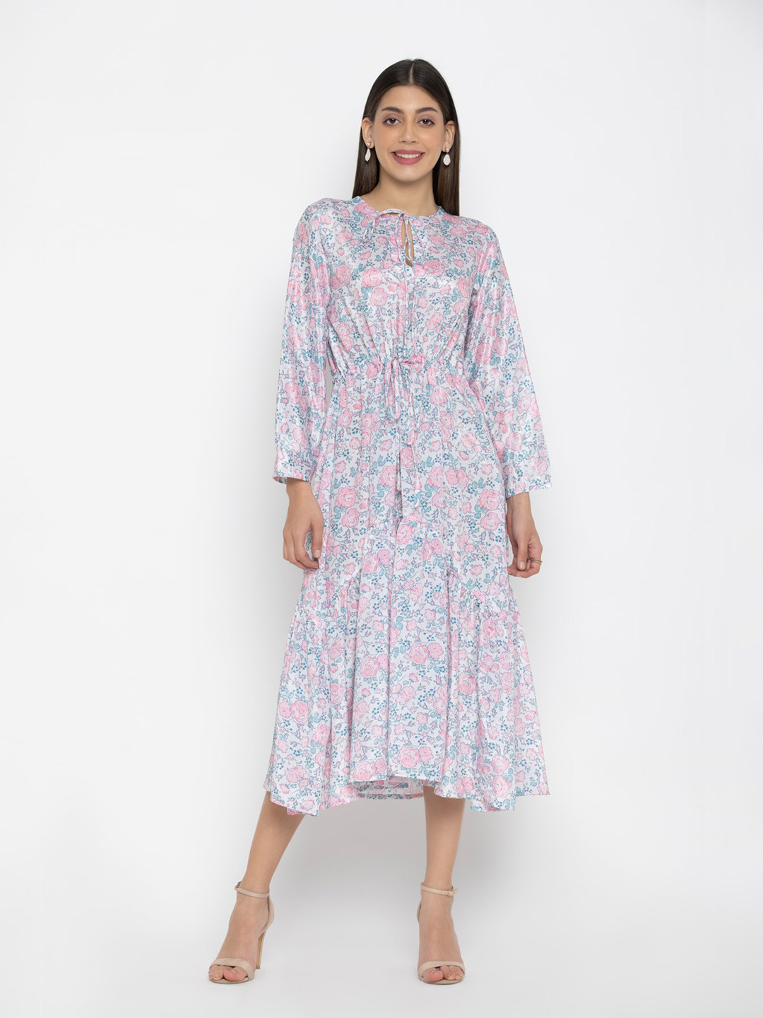 

OCTICS White & Pink Floral Tie-Up Neck Chiffon Midi Dress