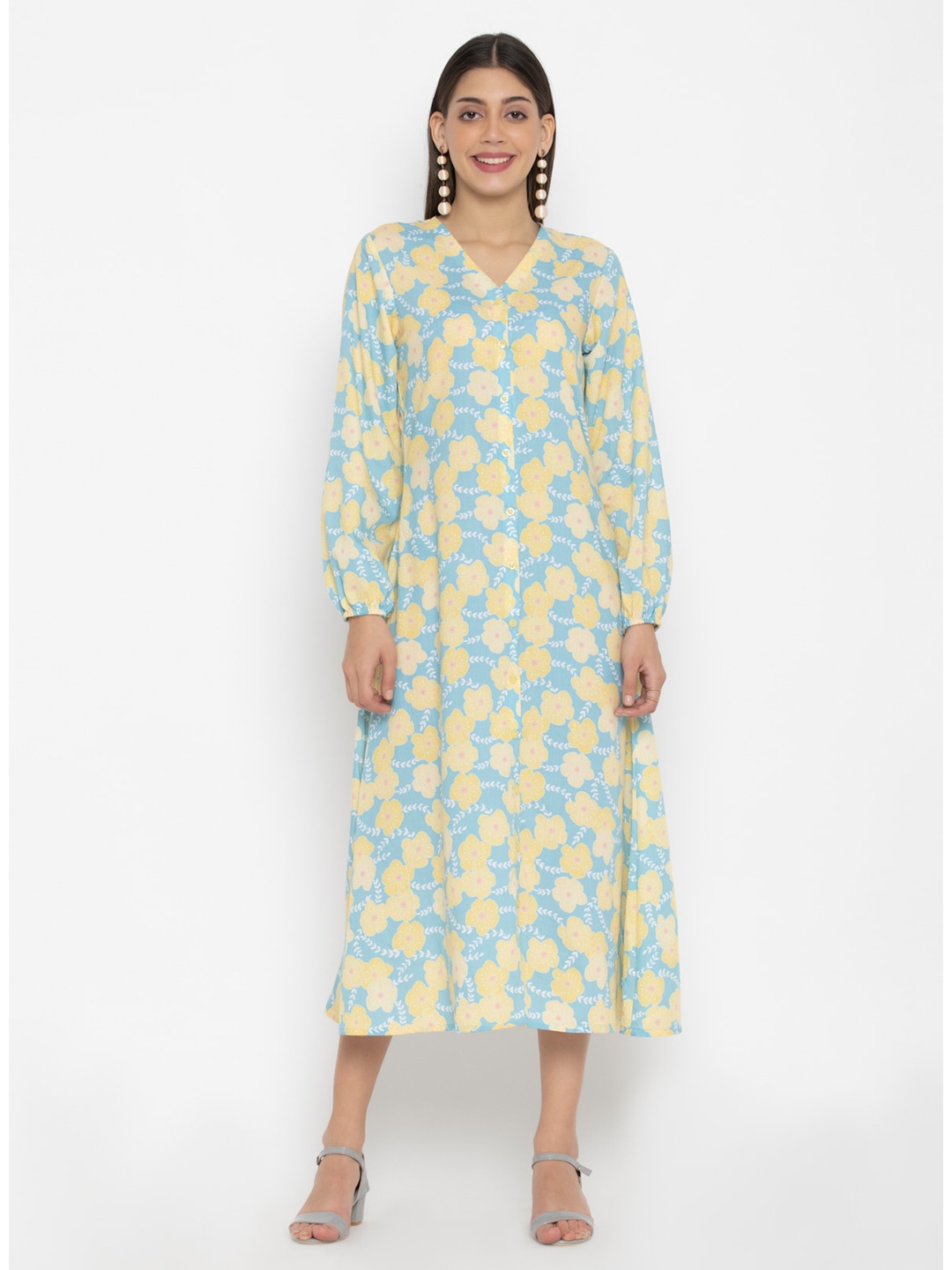 

OCTICS Yellow Floral Crepe A-Line Midi Dress