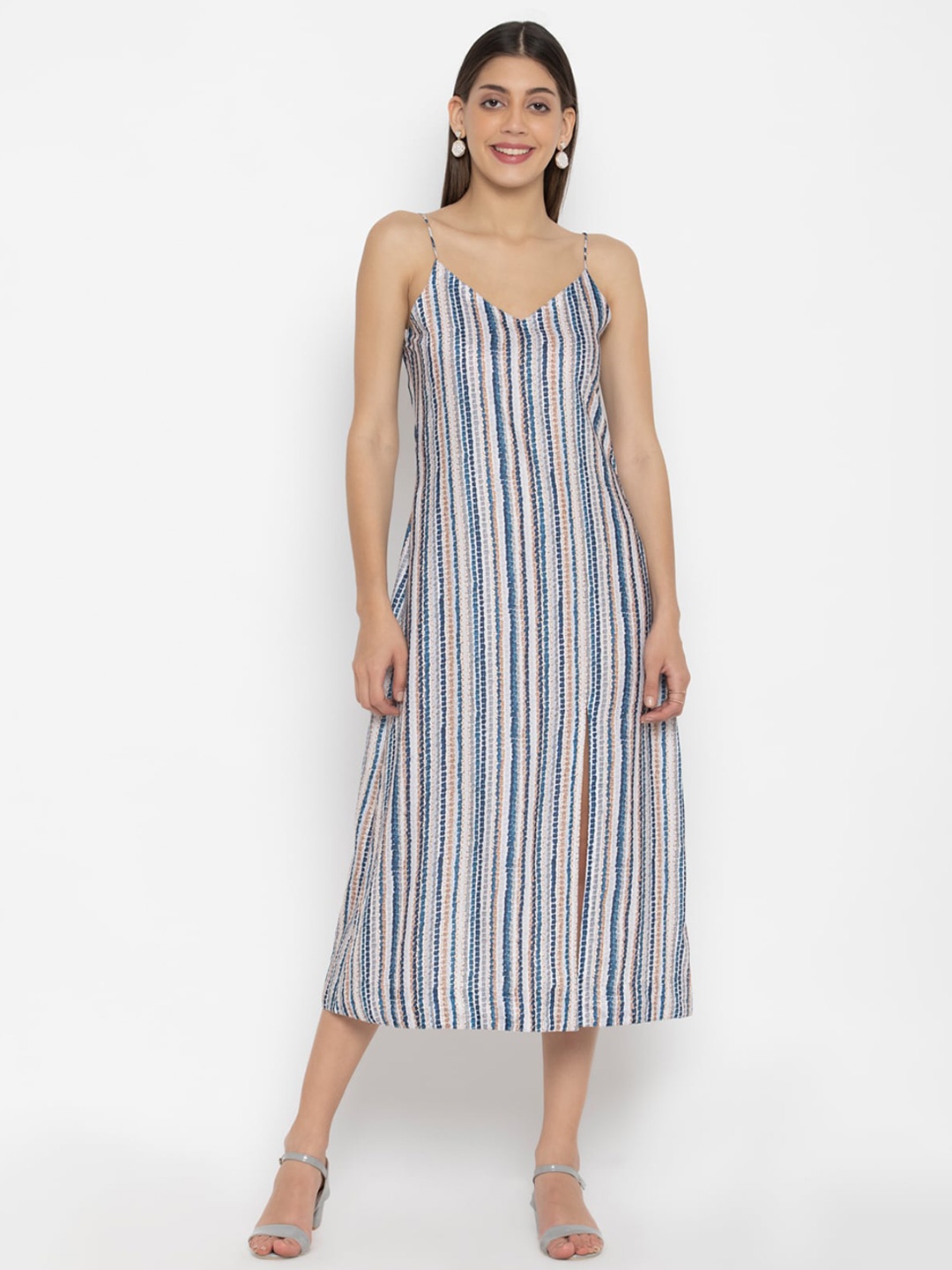 

OCTICS Blue Striped A-Line Midi Dress