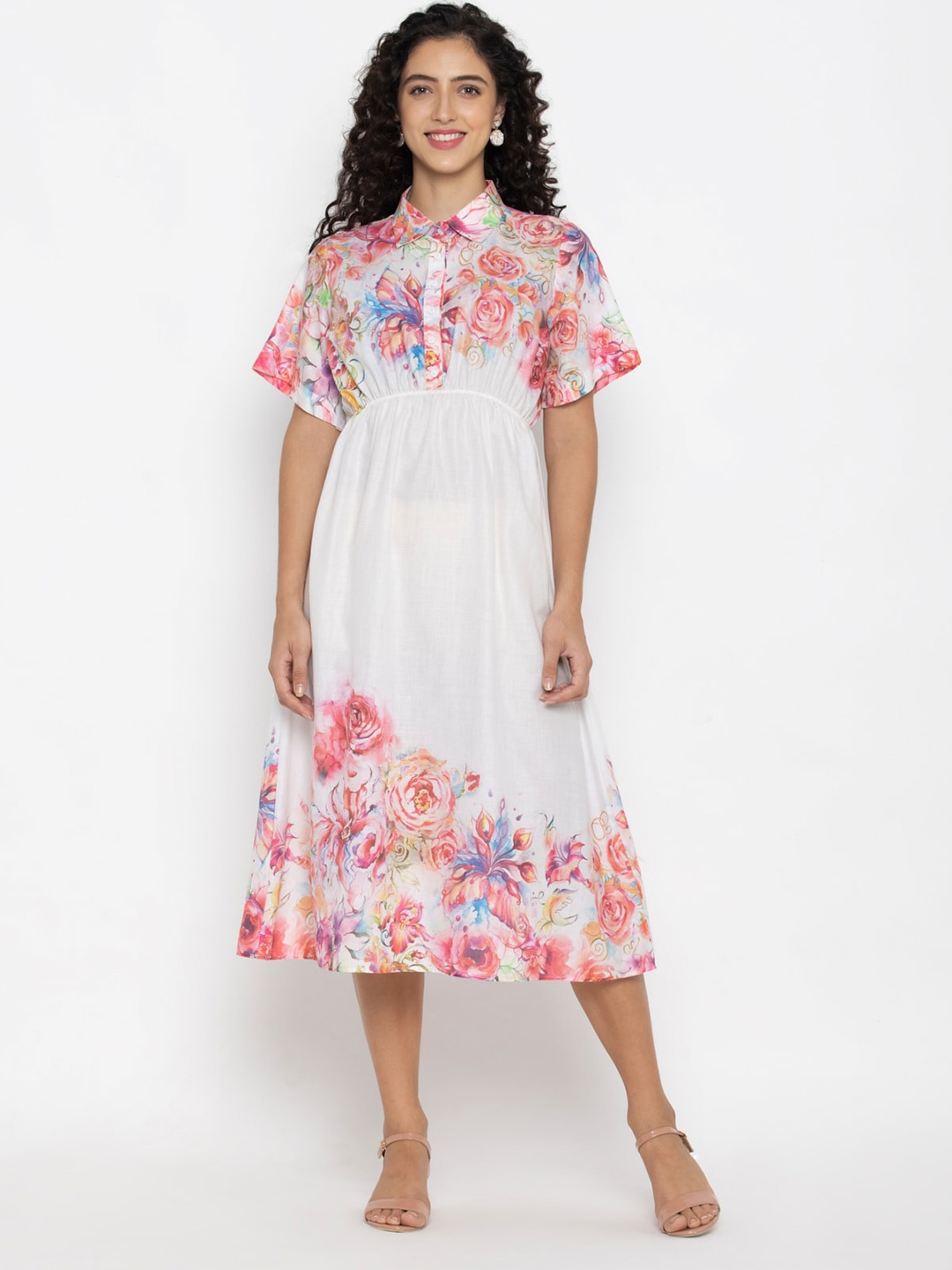 

OCTICS White Floral Midi Fit And Flare Dress